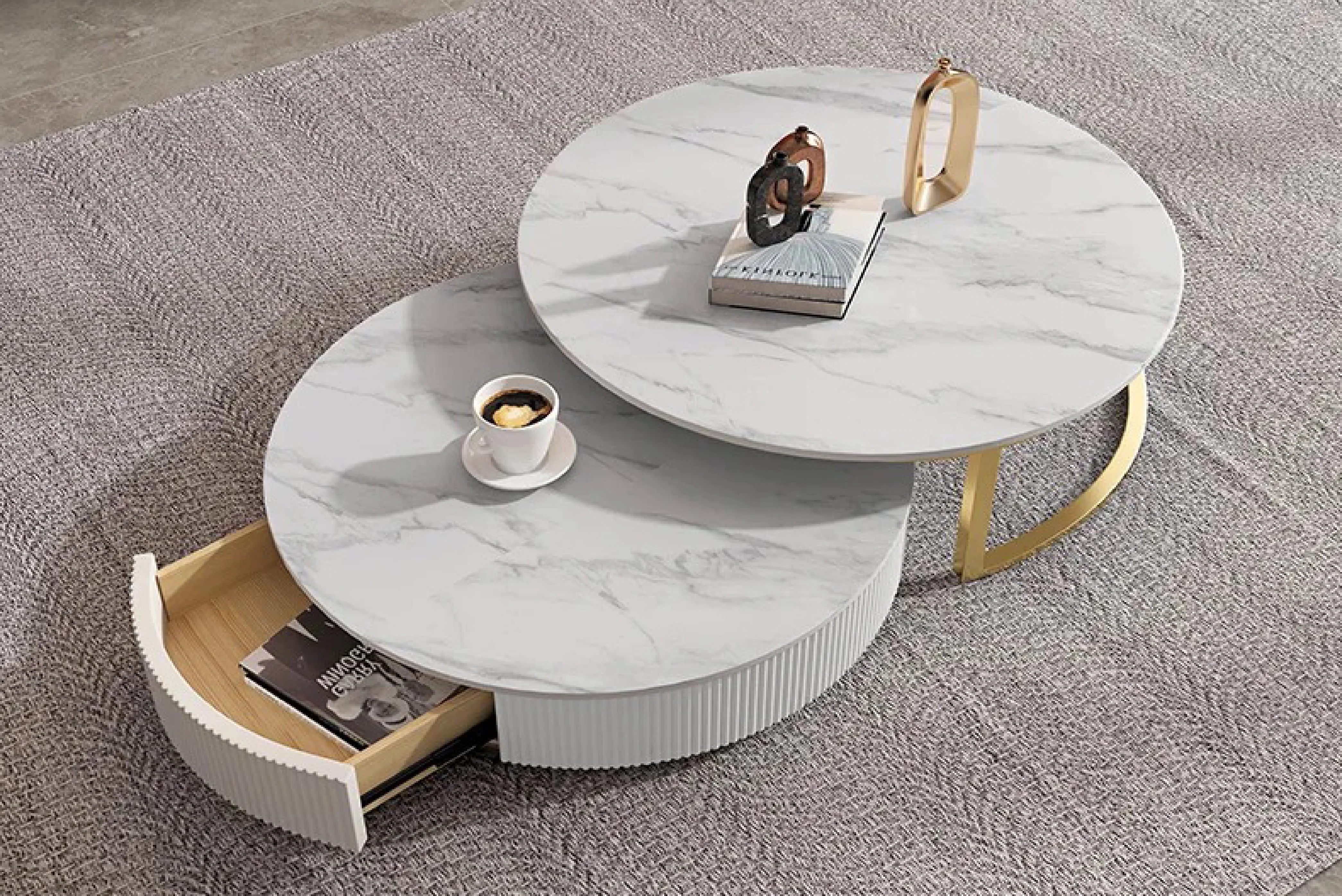 Doyle Round Coffee Table Set with Gold Metal Base, Spanish Ceramic Top, and Silent Wood Drawer (Set of 2) - Image 3