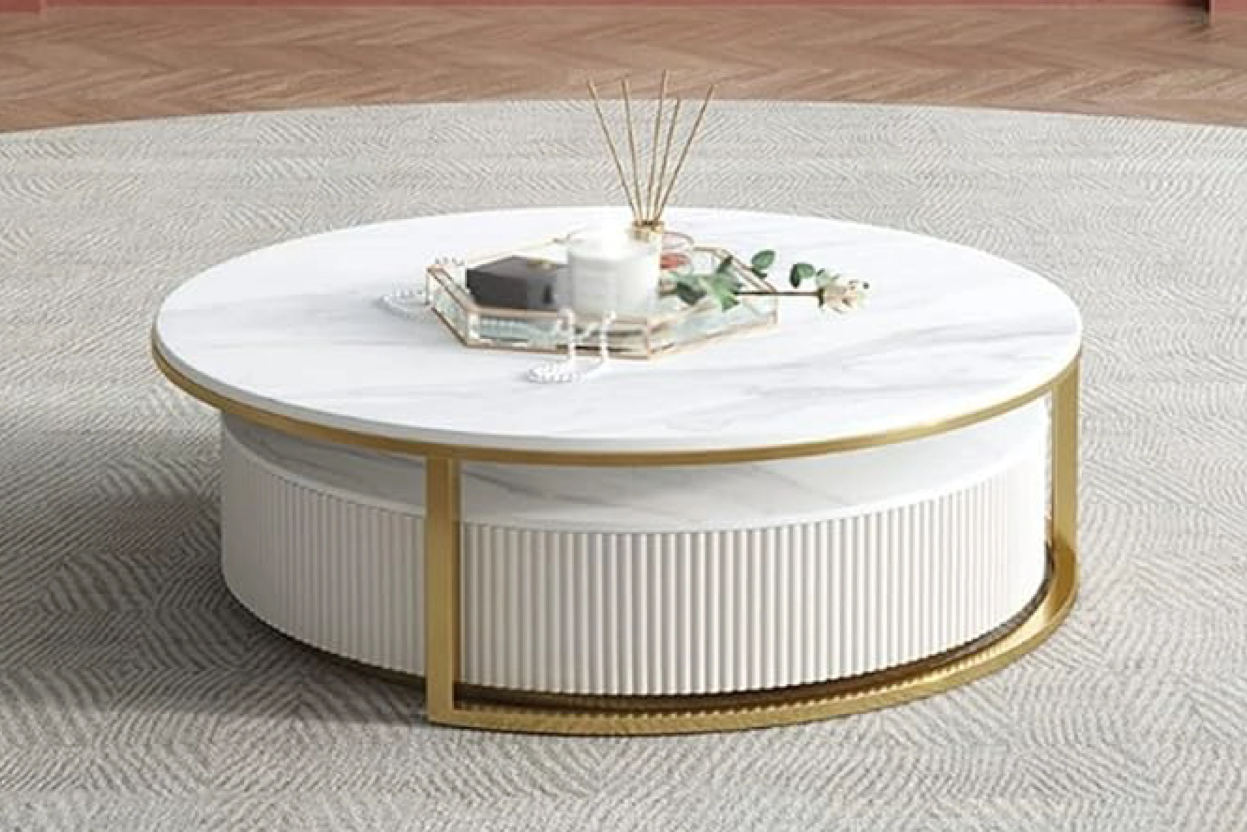 Doyle Round Coffee Table Set with Gold Metal Base, Spanish Ceramic Top, and Silent Wood Drawer (Set of 2) - Image 4