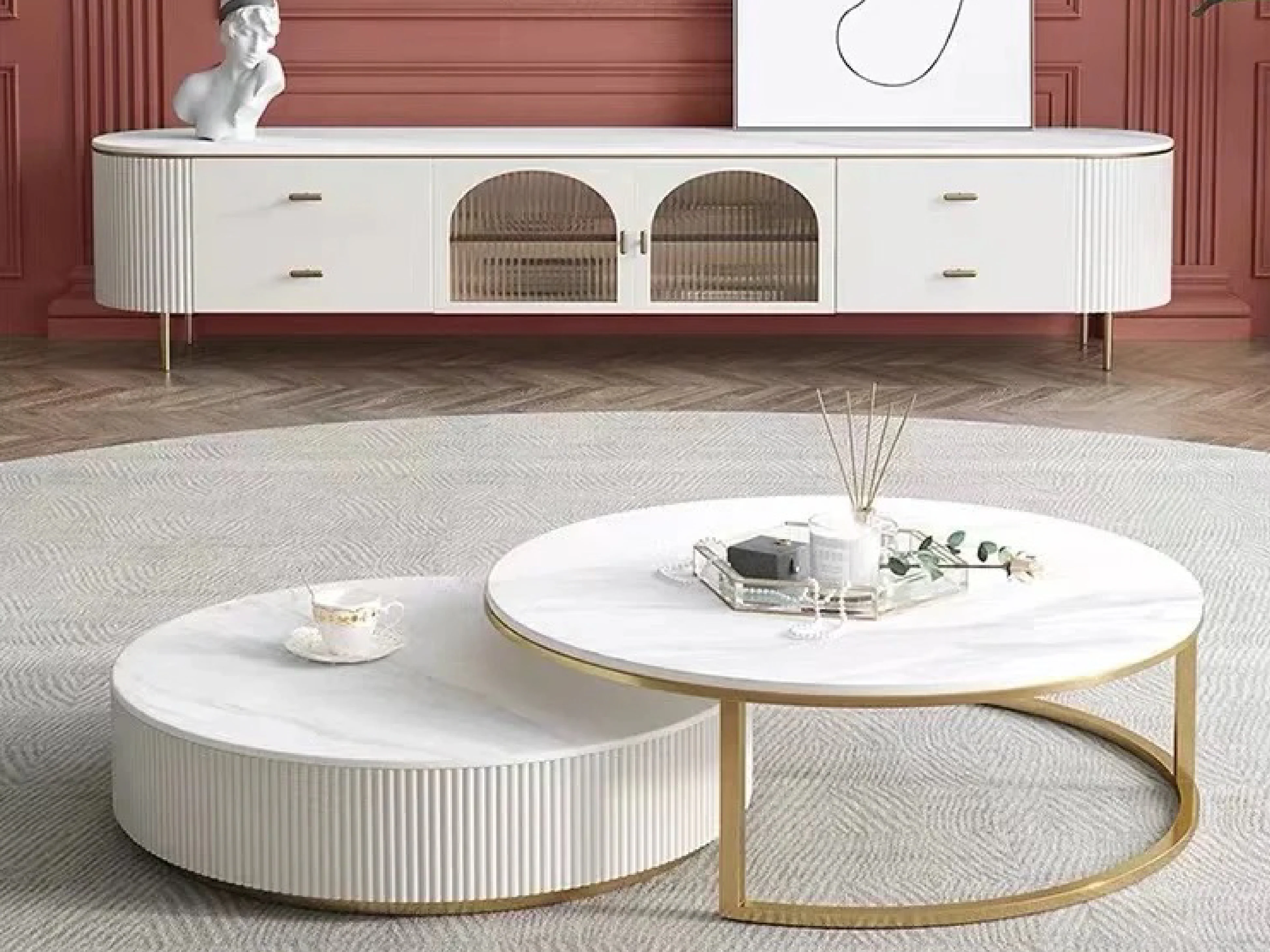 Doyle Ceramic Top TV Unit with Steel Gold Legs and Drawers - Image 3