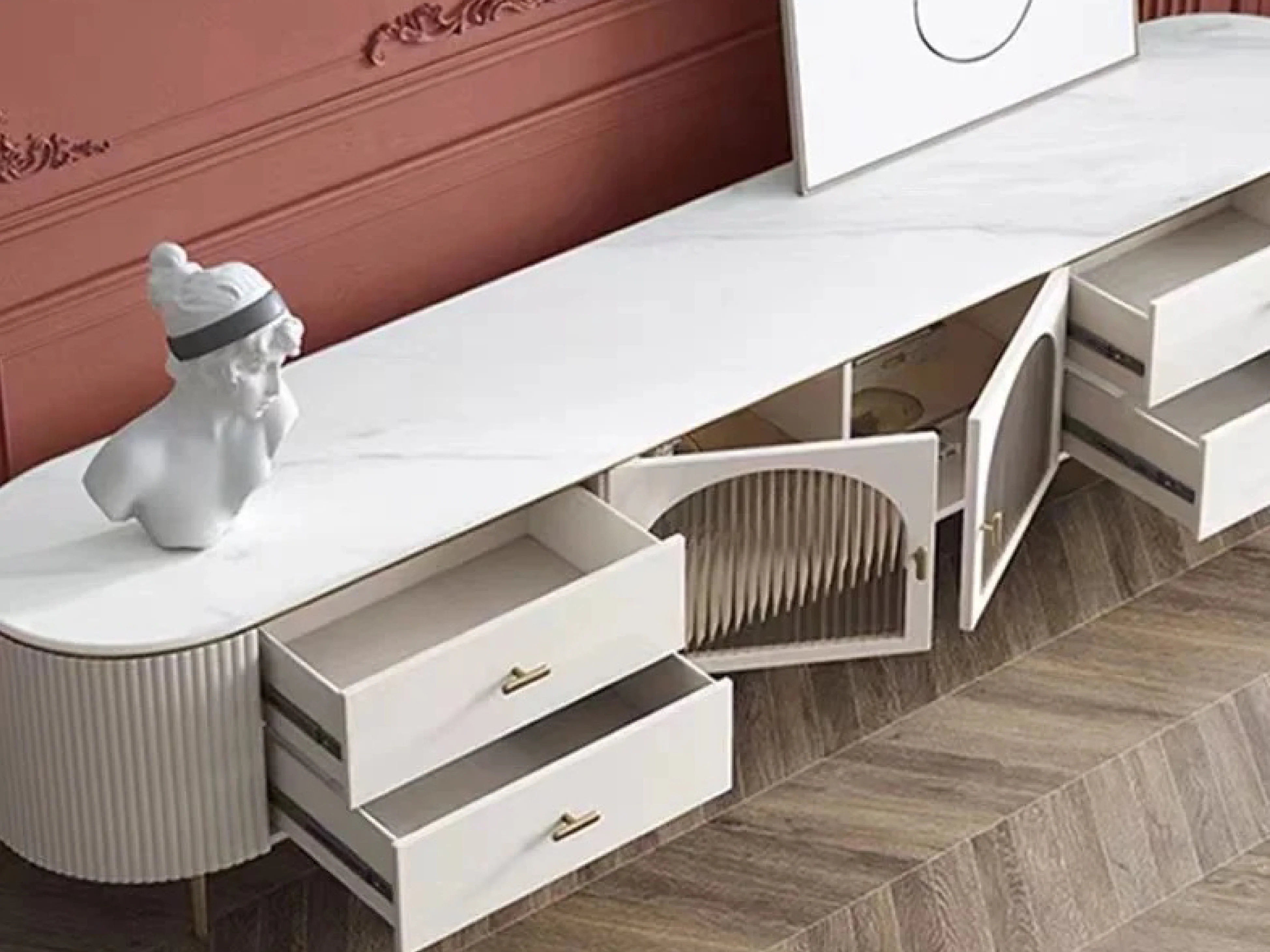 Doyle Ceramic Top TV Unit with Steel Gold Legs and Drawers - Image 4