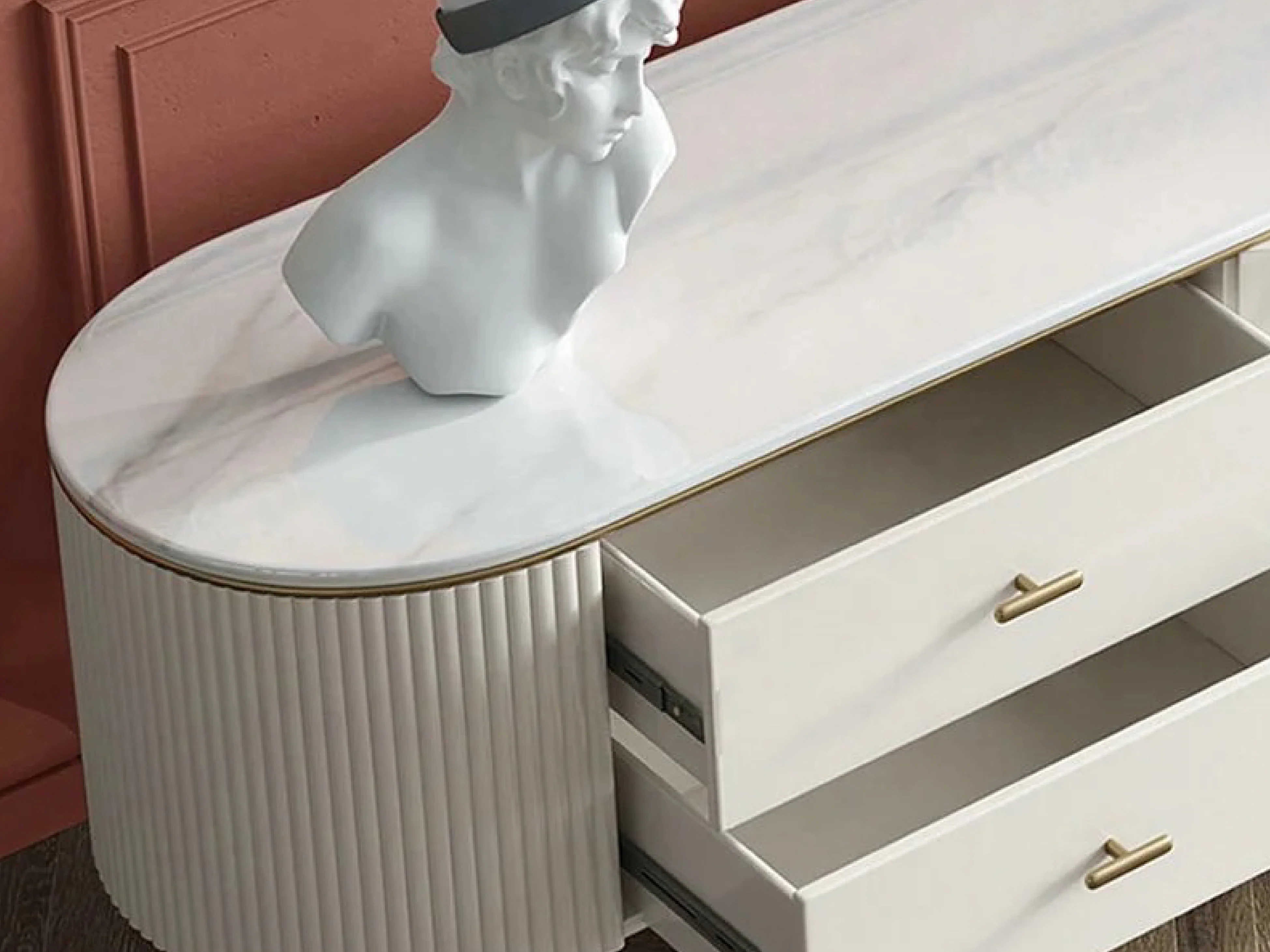Doyle Ceramic Top TV Unit with Steel Gold Legs and Drawers - Image 5