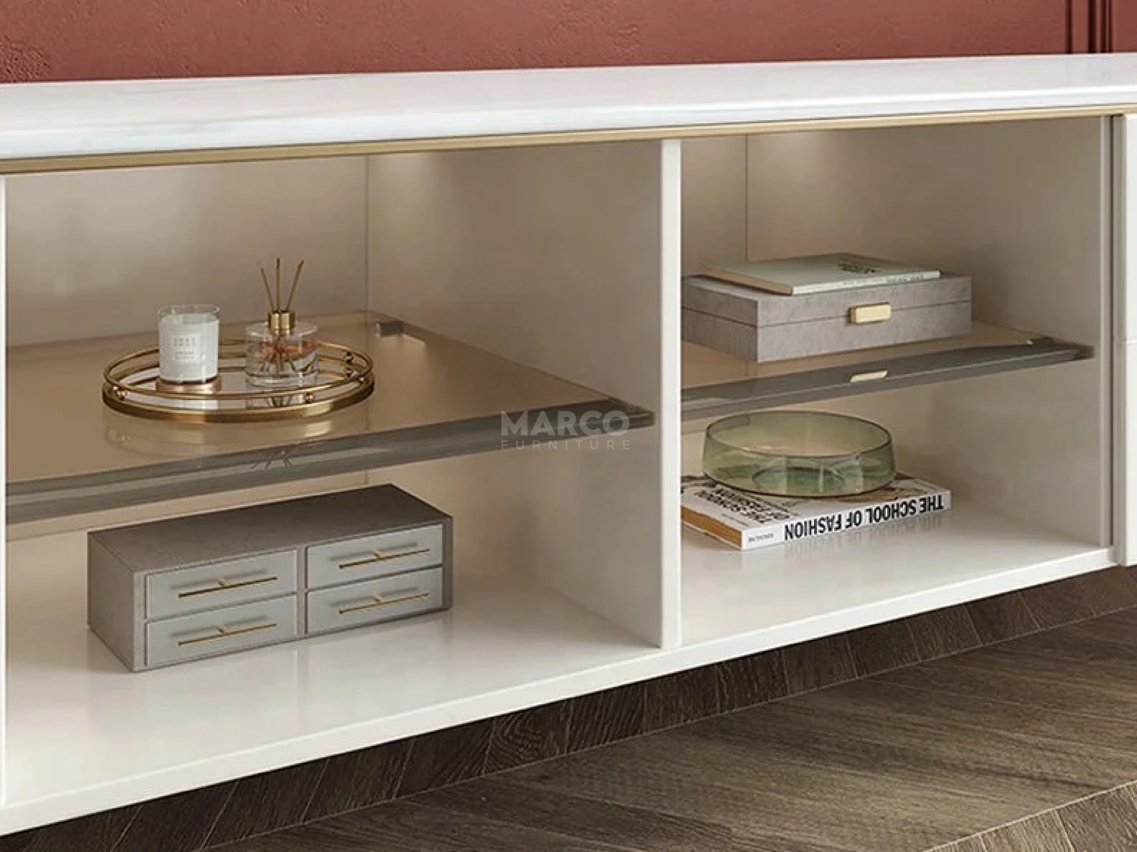 Doyle Ceramic Top TV Unit with Steel Gold Legs and Drawers - Image 6
