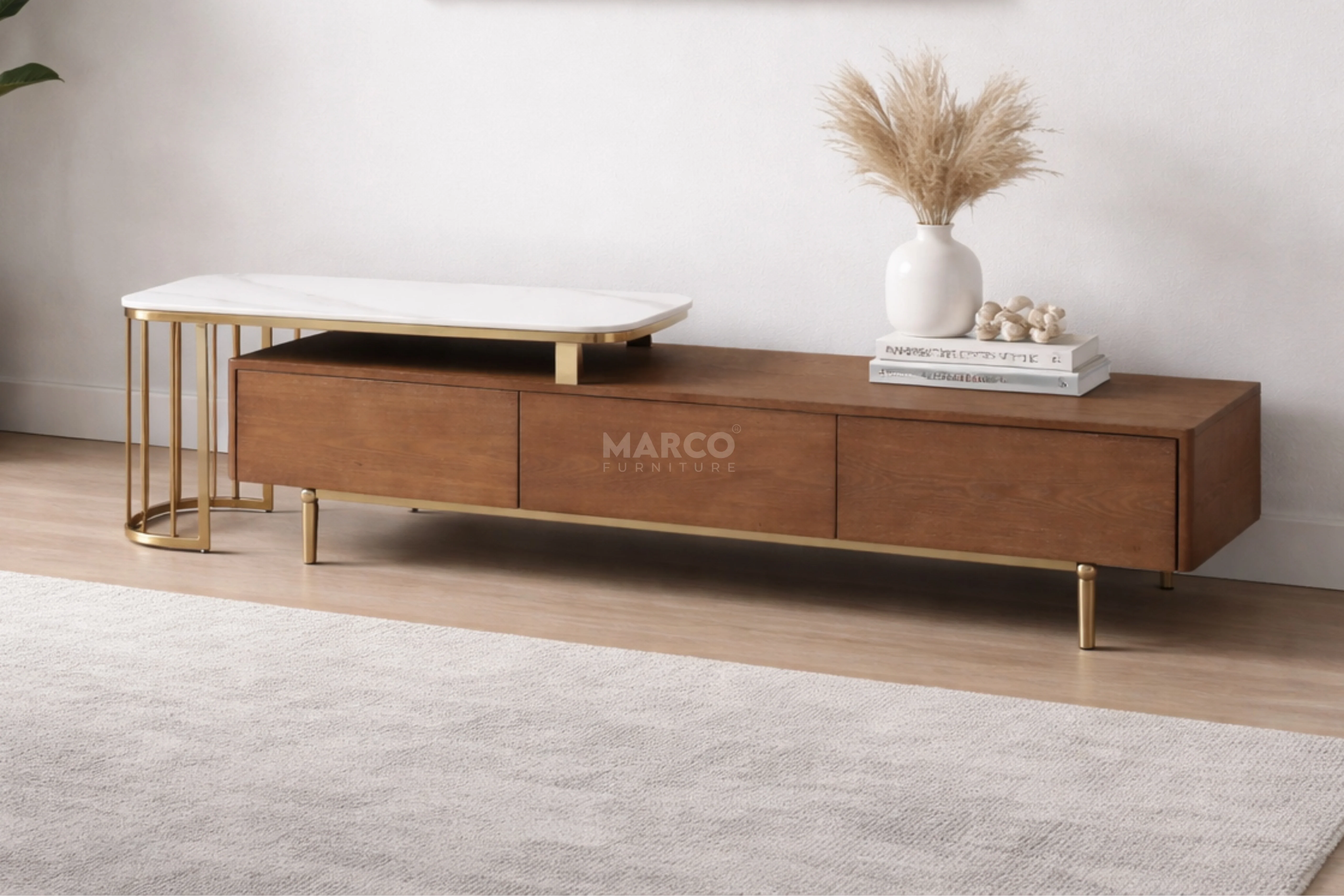 Earl Extendable TV Unit with Stainless Steel Gold Legs - Image 7