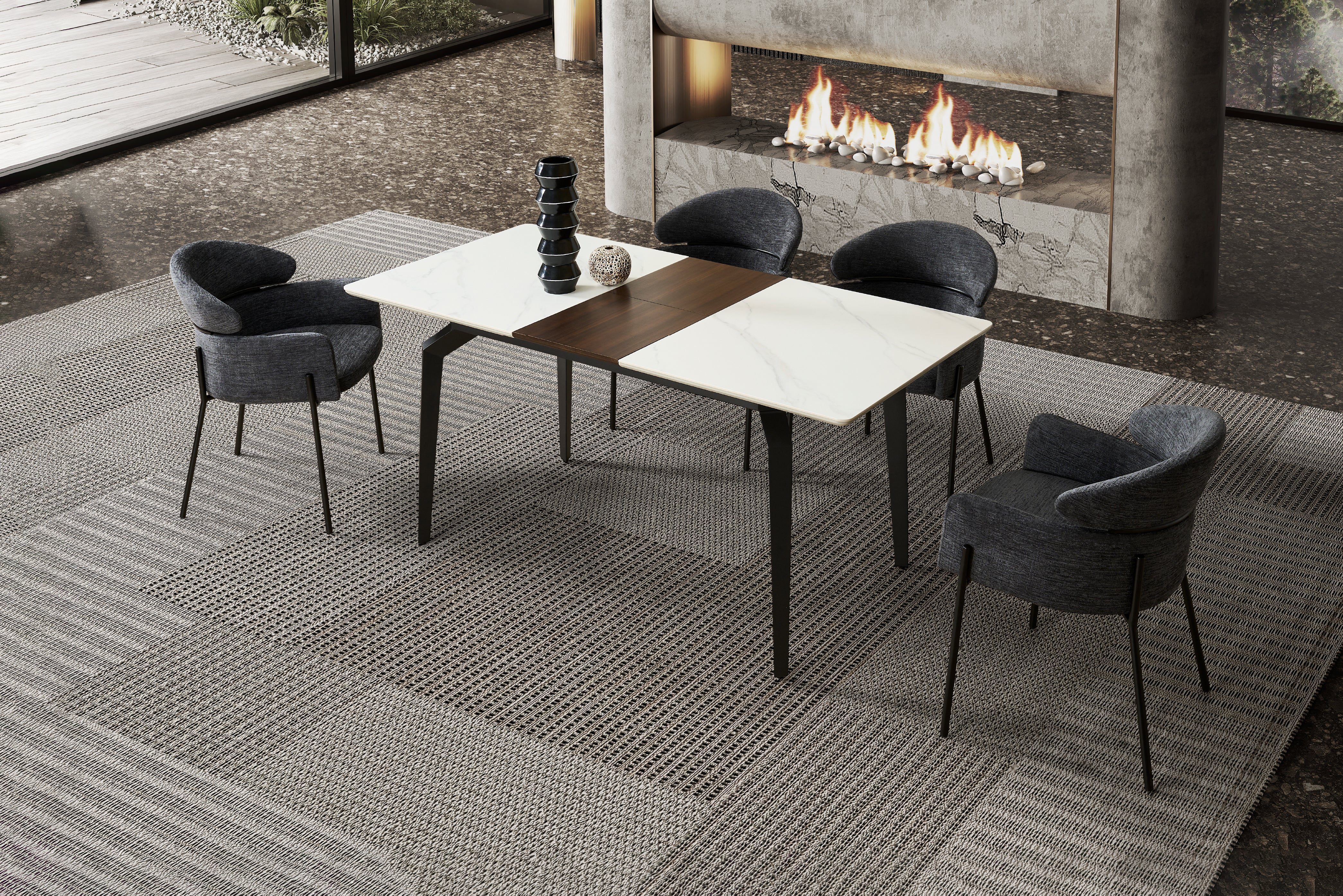Elora Spanish Ceramic Top Extendable Dining Table - Matte Black Metal Legs