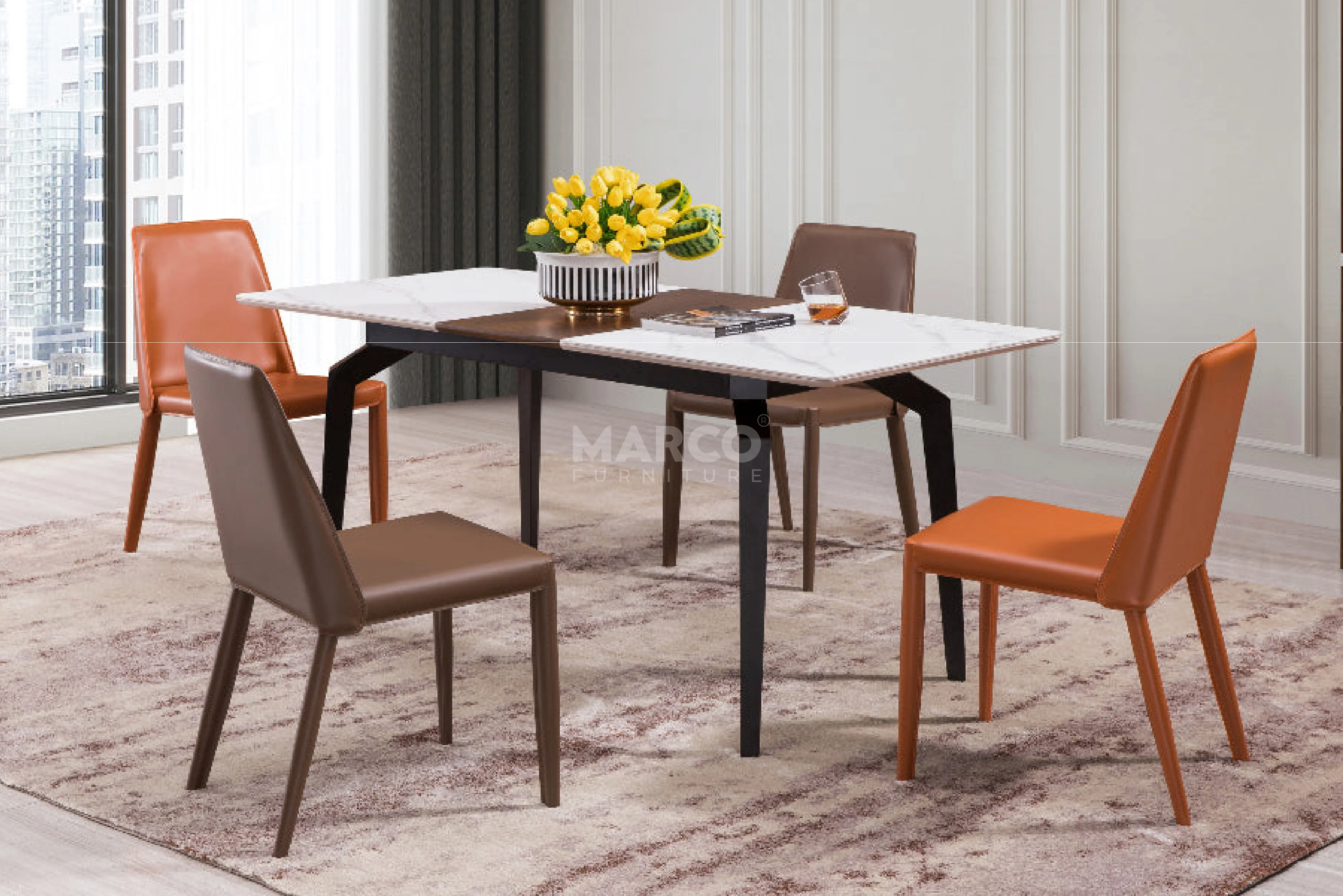 Elora Spanish Ceramic Top Extendable Dining Table - Matte Black Metal Legs - Image 6