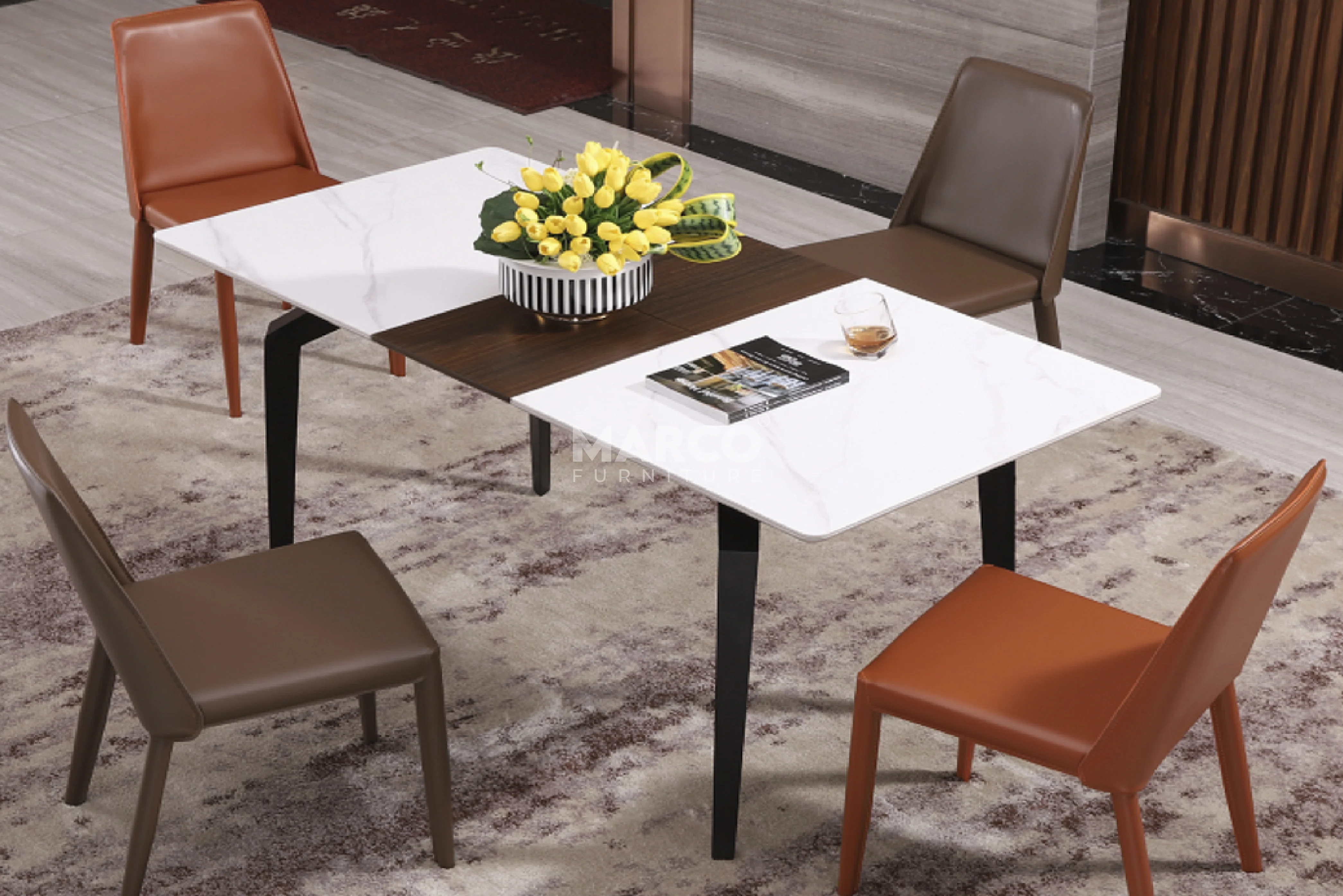 Elora Spanish Ceramic Top Extendable Dining Table - Matte Black Metal Legs - Image 7