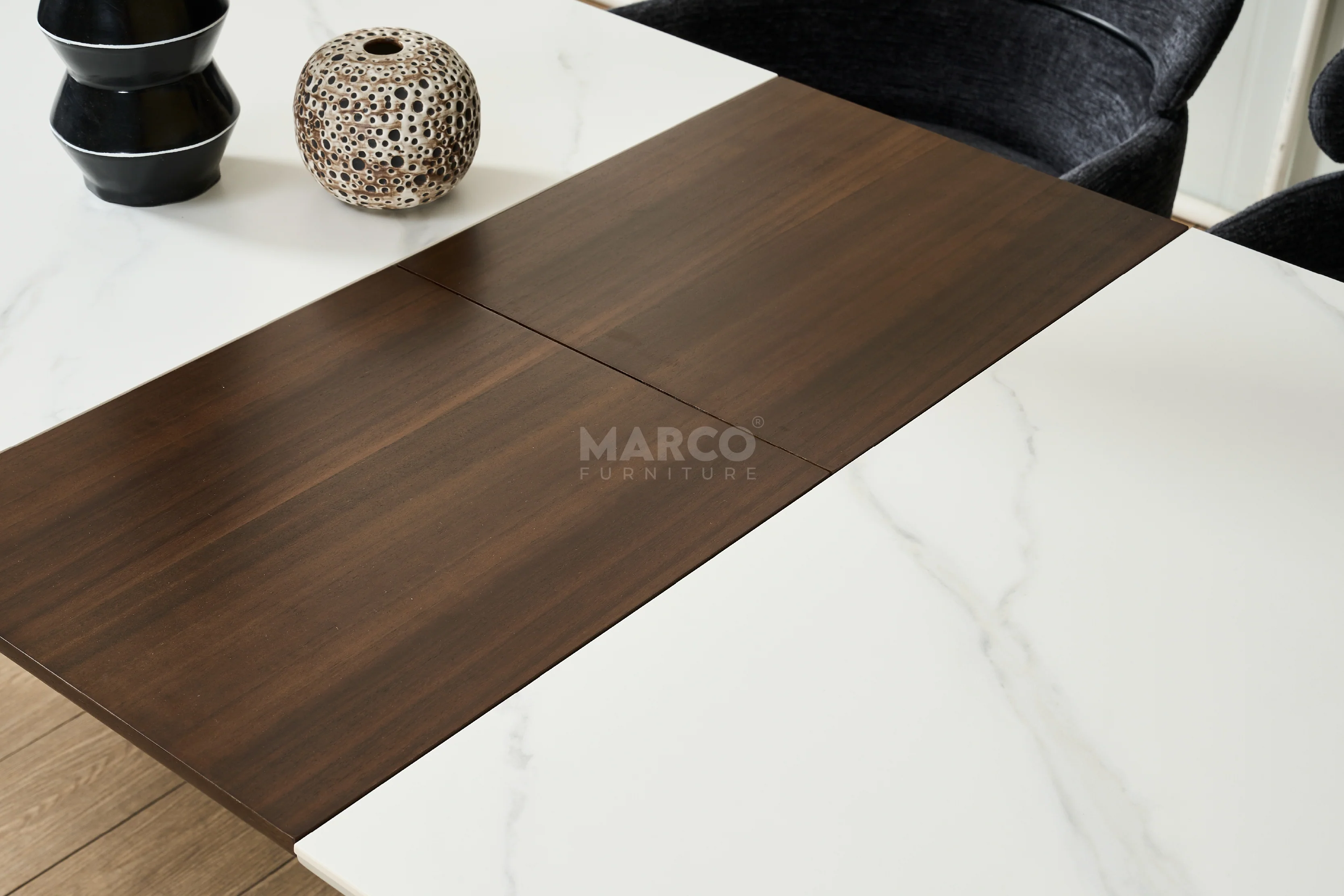 Elora Spanish Ceramic Top Extendable Dining Table - Matte Black Metal Legs - Image 9