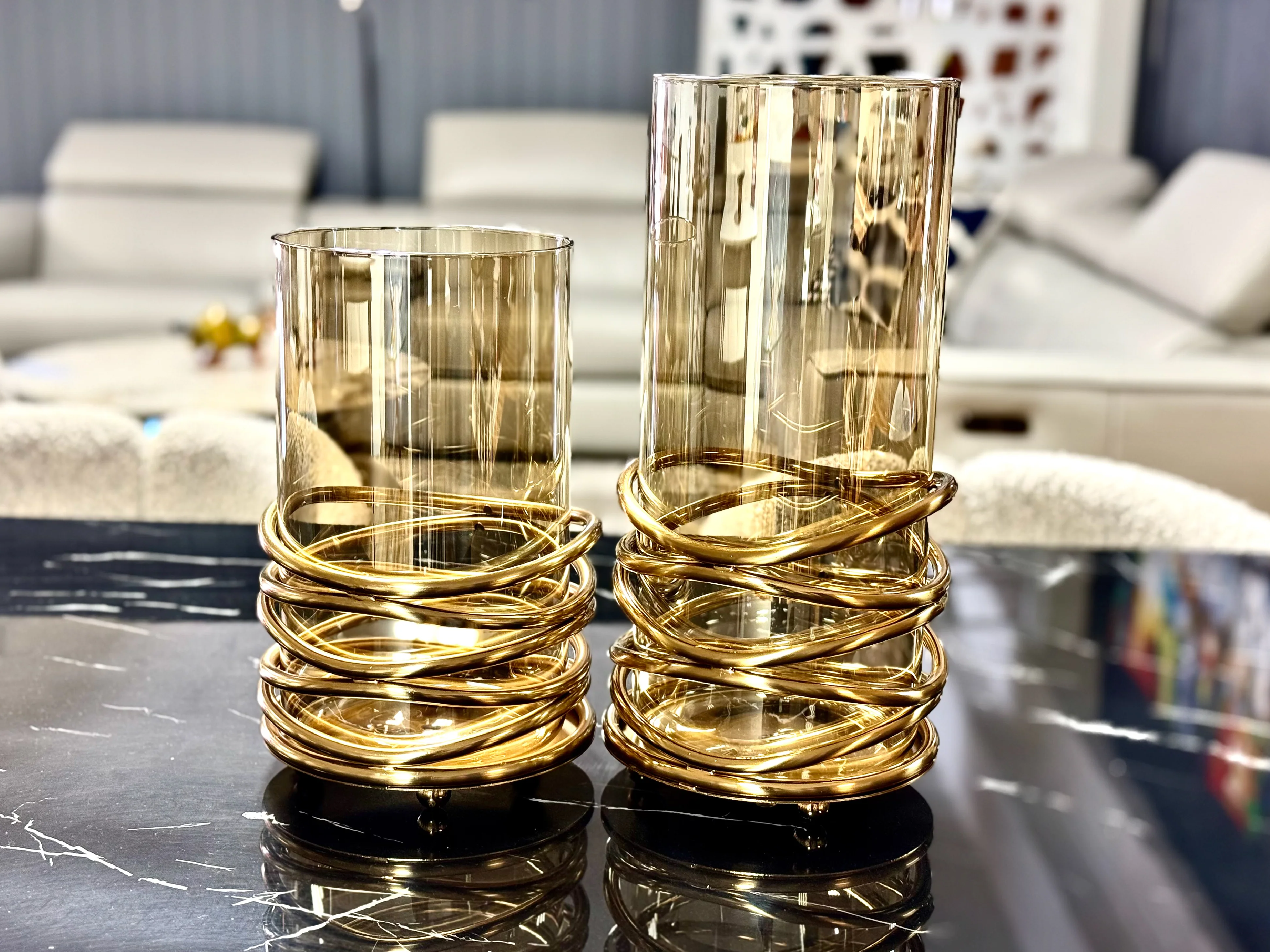 Hurricane Gold Spiral Glass Candle Holder Set