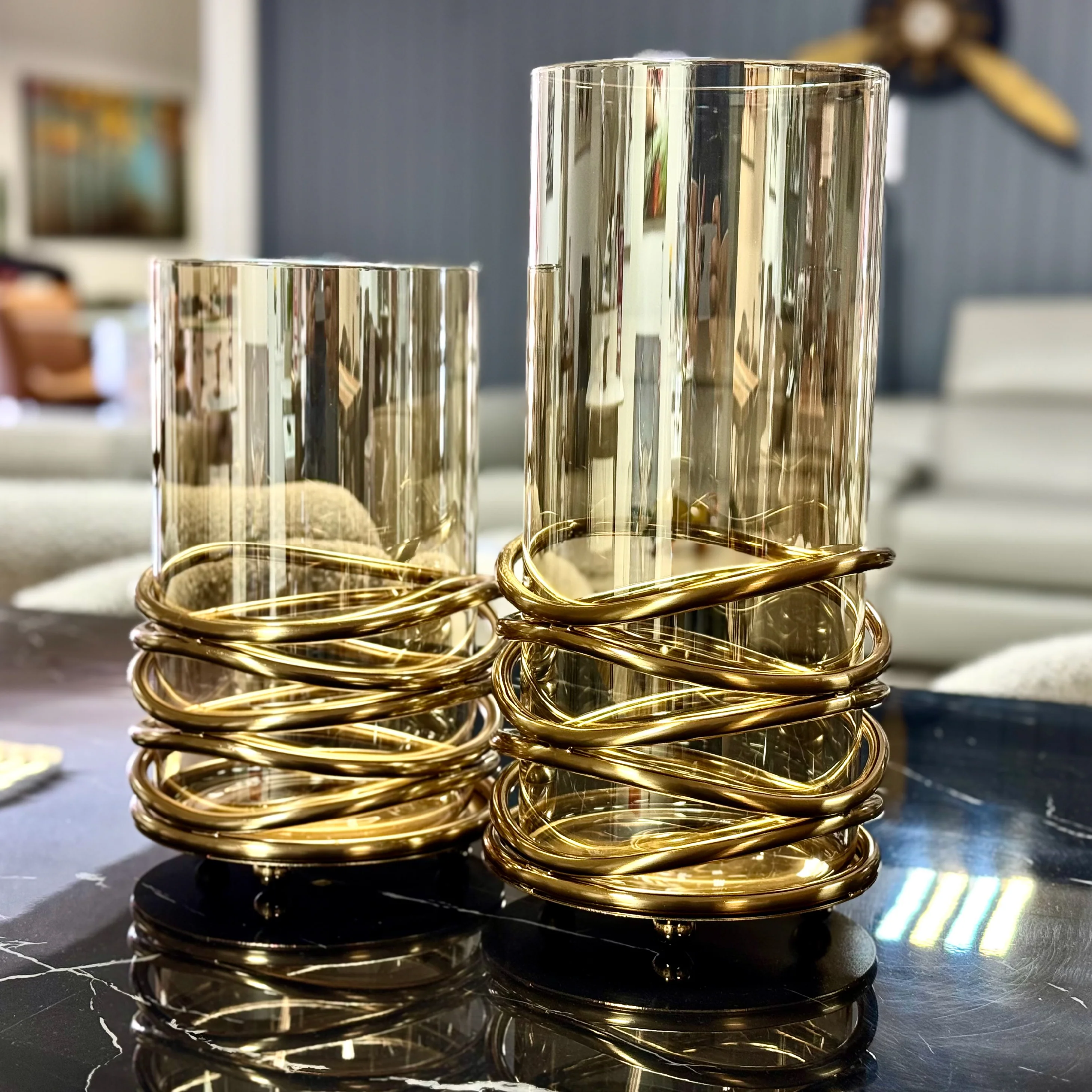 Hurricane Gold Spiral Glass Candle Holder Set - Image 2