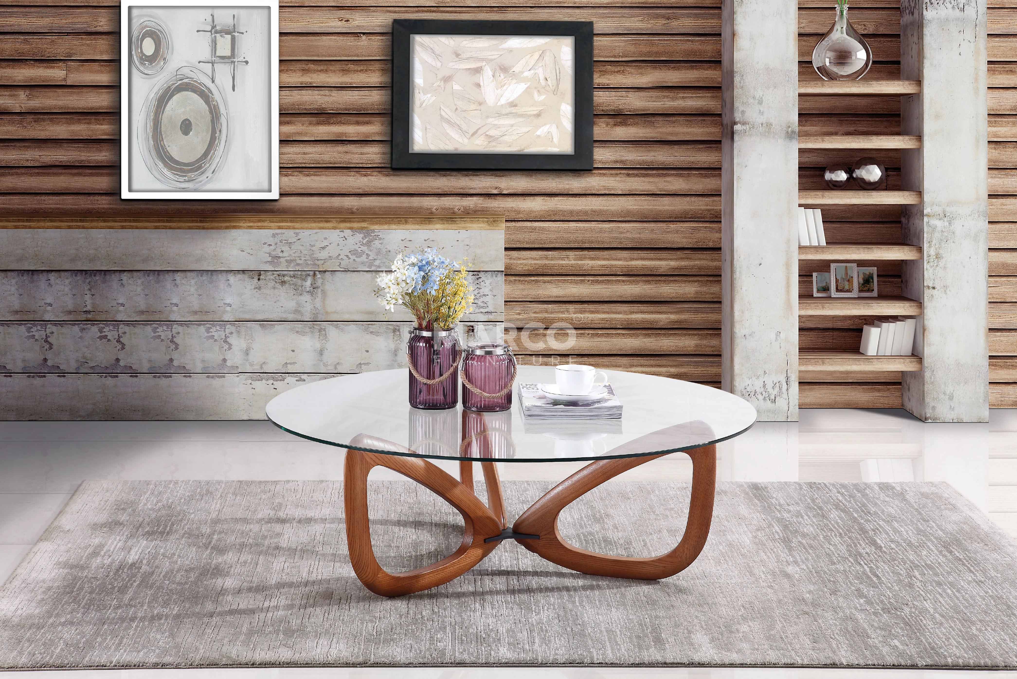Gucci Modern Glass Coffee Table (Walnut) with Tempered Glass Top and Solid Ash Wood Base - Image 3