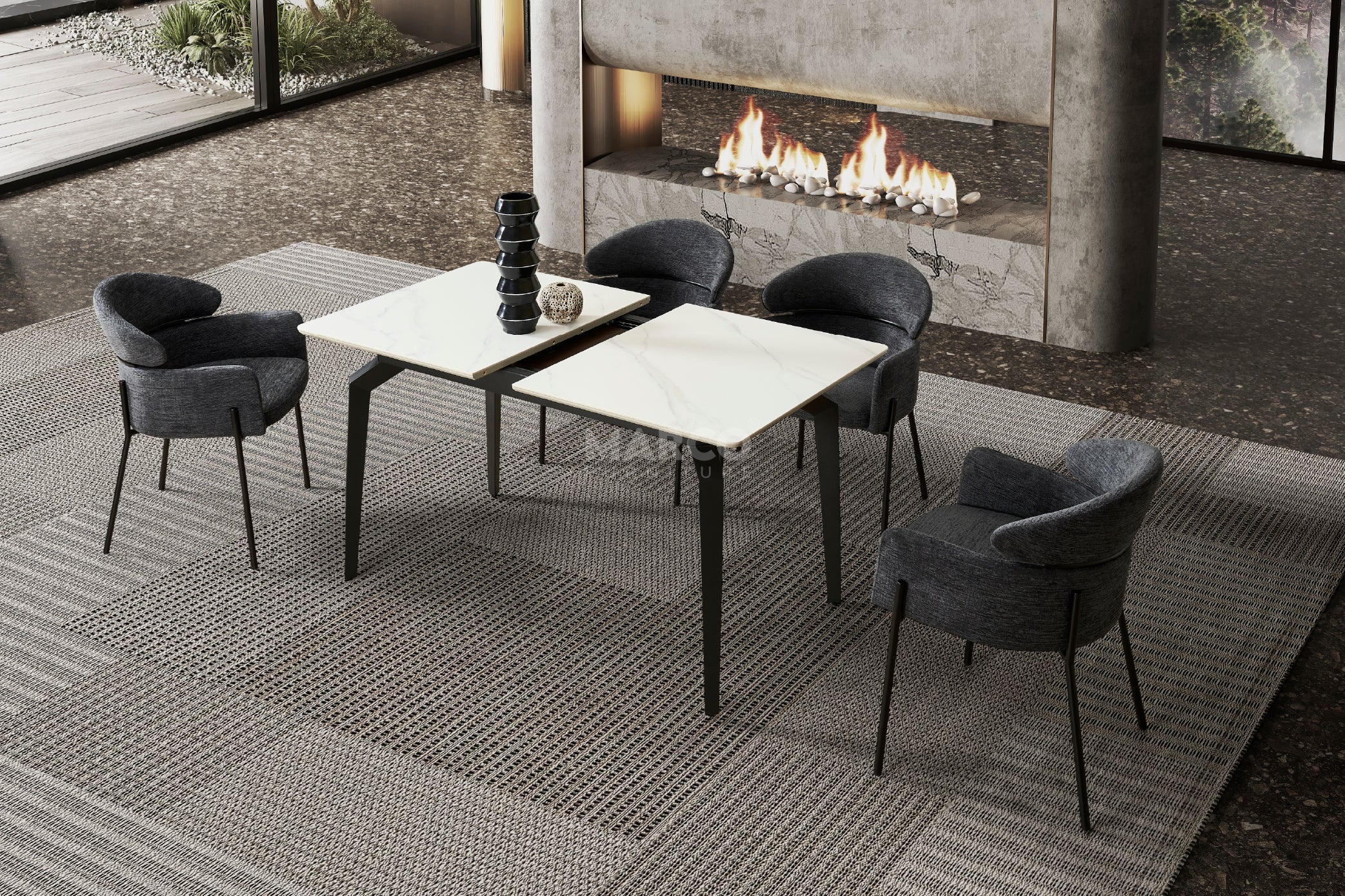 Elora Spanish Ceramic Top Extendable Dining Table - Matte Black Metal Legs - Image 4