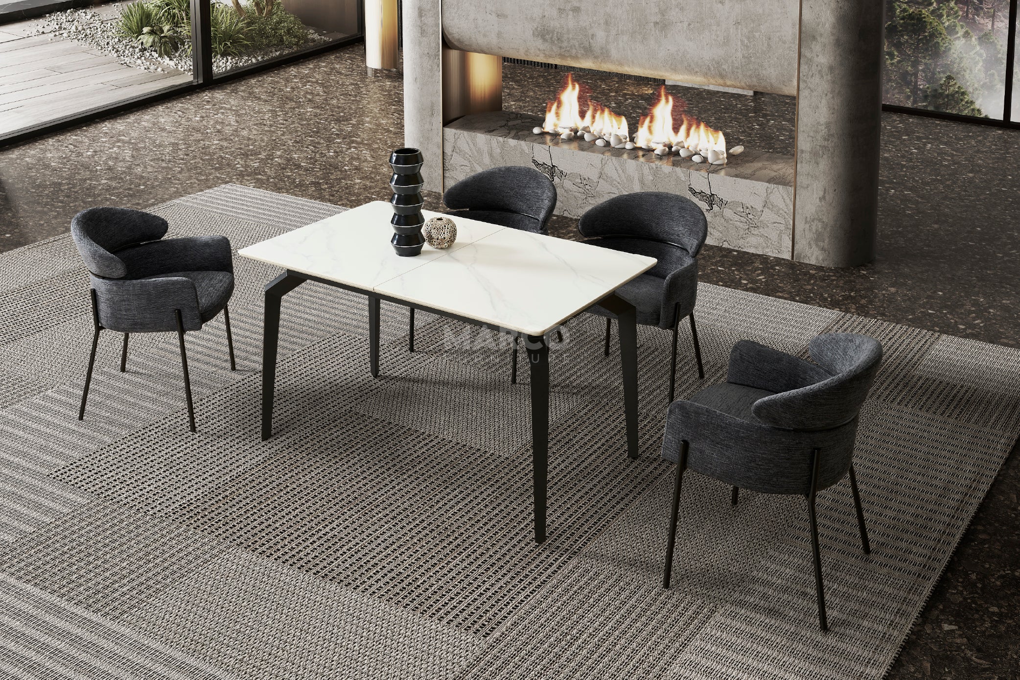 Elora Spanish Ceramic Top Extendable Dining Table - Matte Black Metal Legs - Image 5