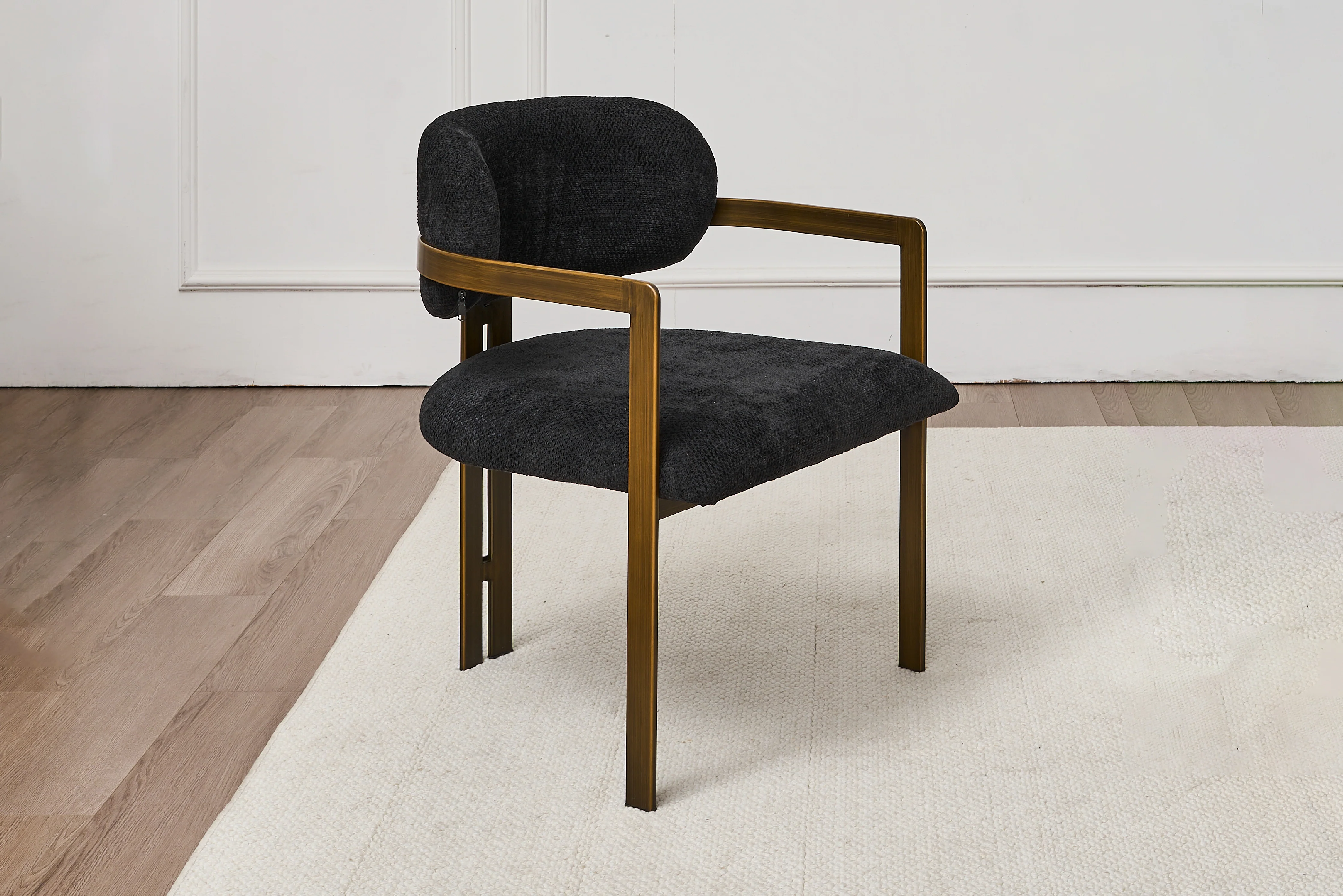 Julio Boucle Dining Chair – Black Upholstered Chair with Bronze Legs
