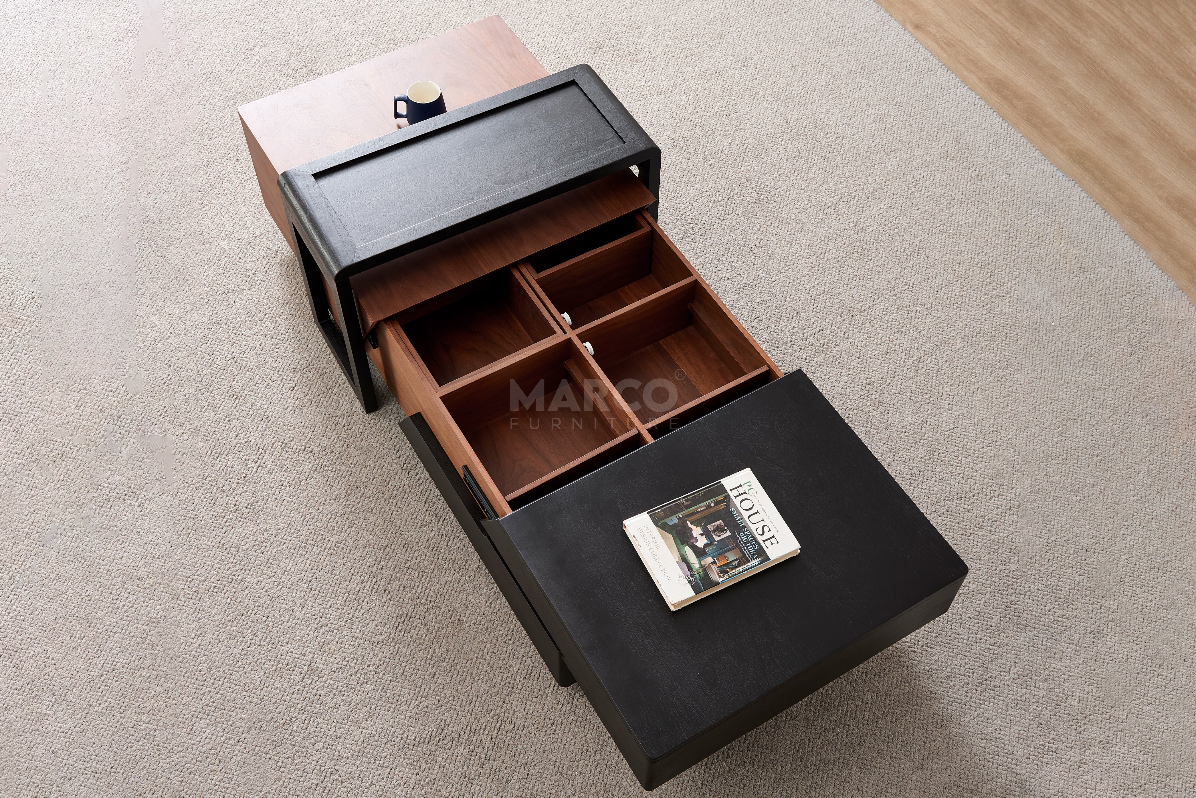 London Modern Coffee Table with Storage (Walnut and Matte Black) - Image 6
