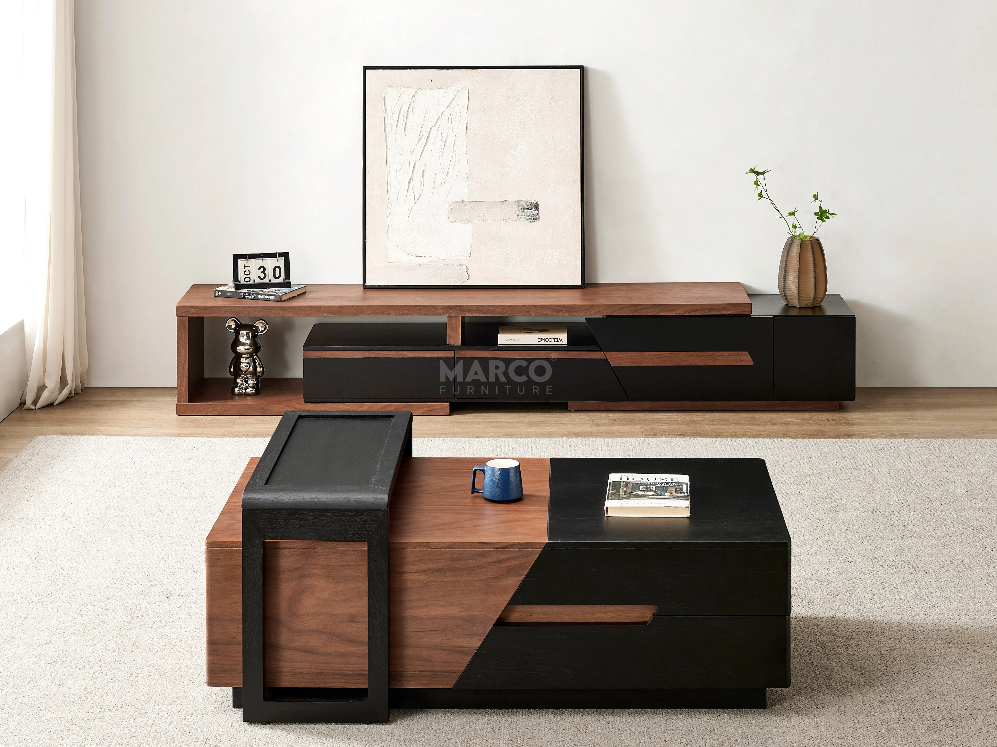 London Extendable TV Unit With Storage (Walnut and Matte Black) - Image 3