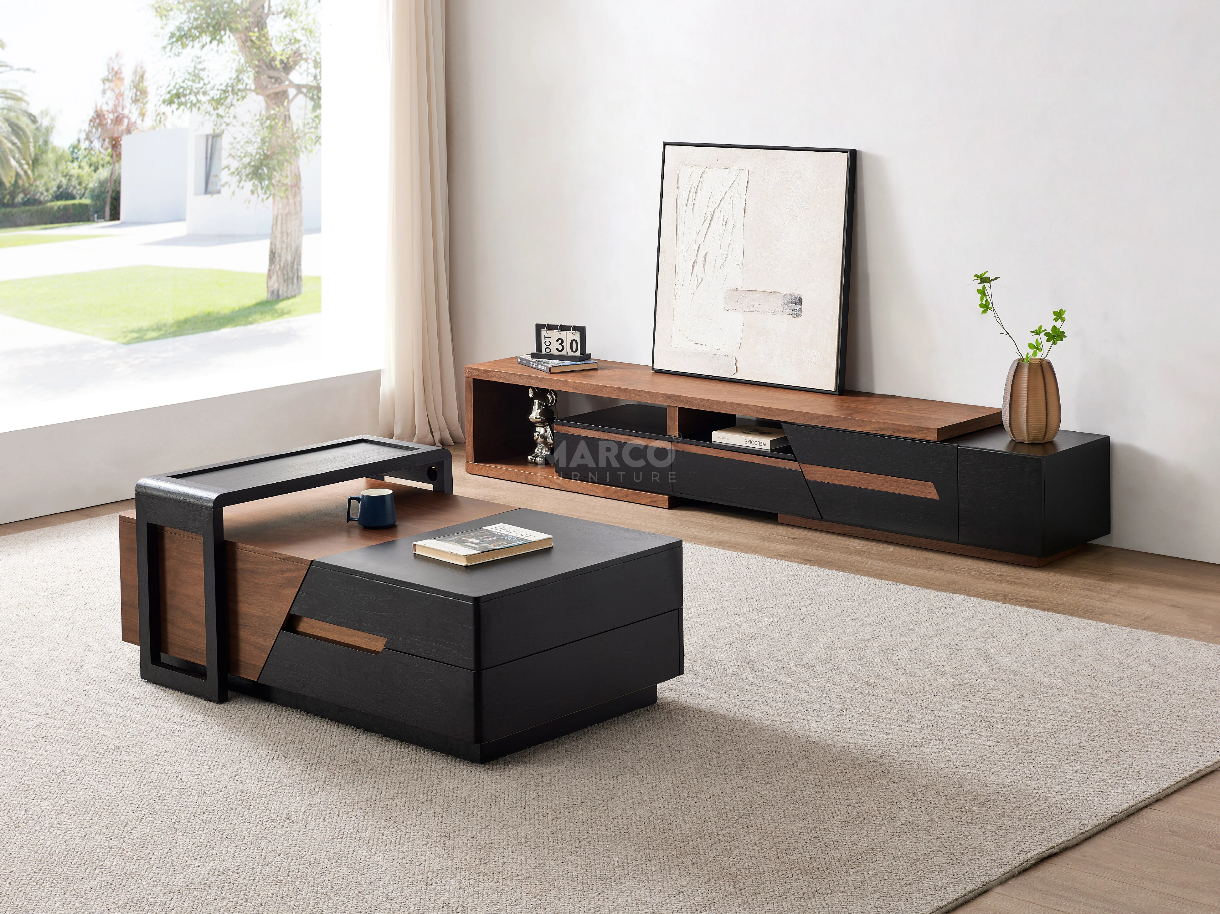 London Extendable TV Unit With Storage (Walnut and Matte Black) - Image 4