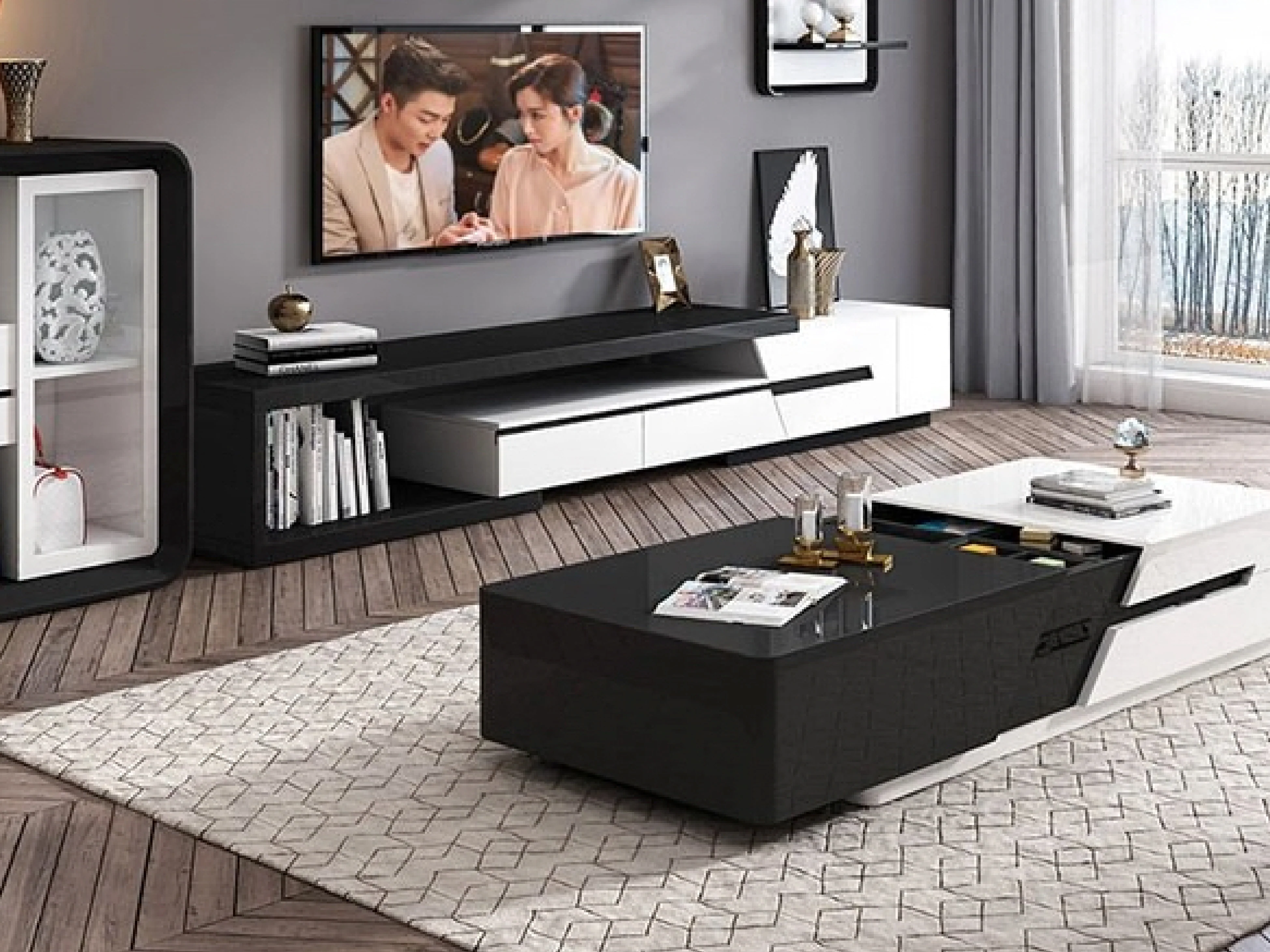 London Extendable Modern TV Unit in Black and White - Image 4