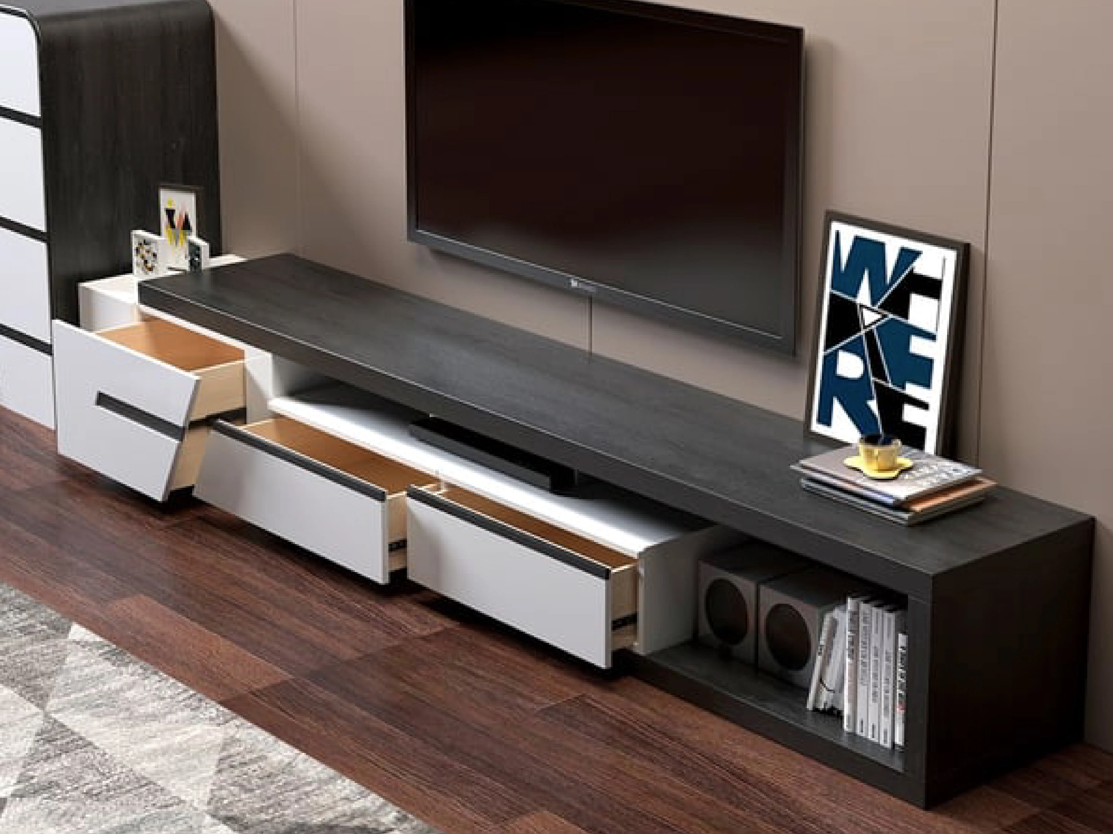 London Extendable Modern TV Unit in Black and White - Image 6