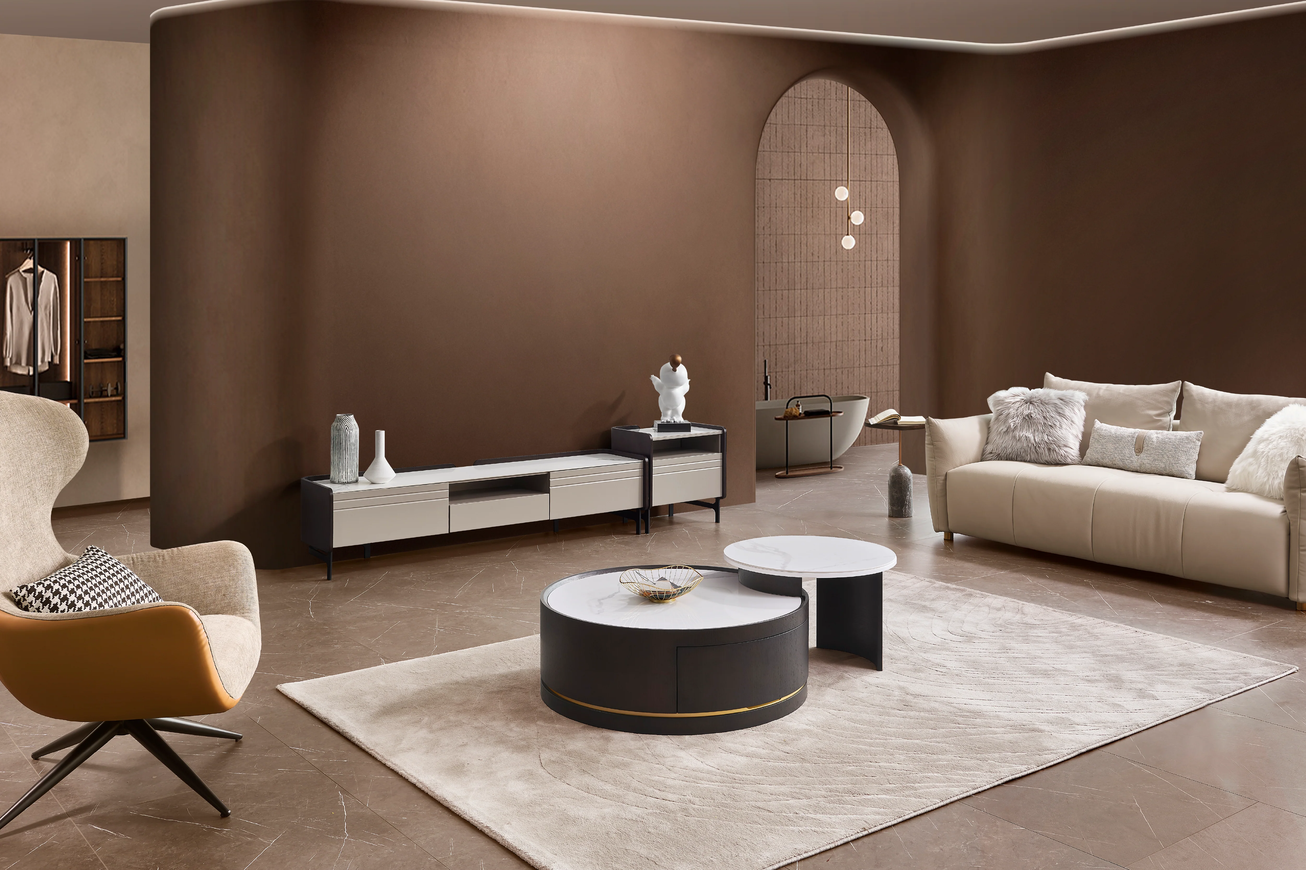 Macao Round Coffee Table with Drawers and White Spanish Ceramic Top - Image 2