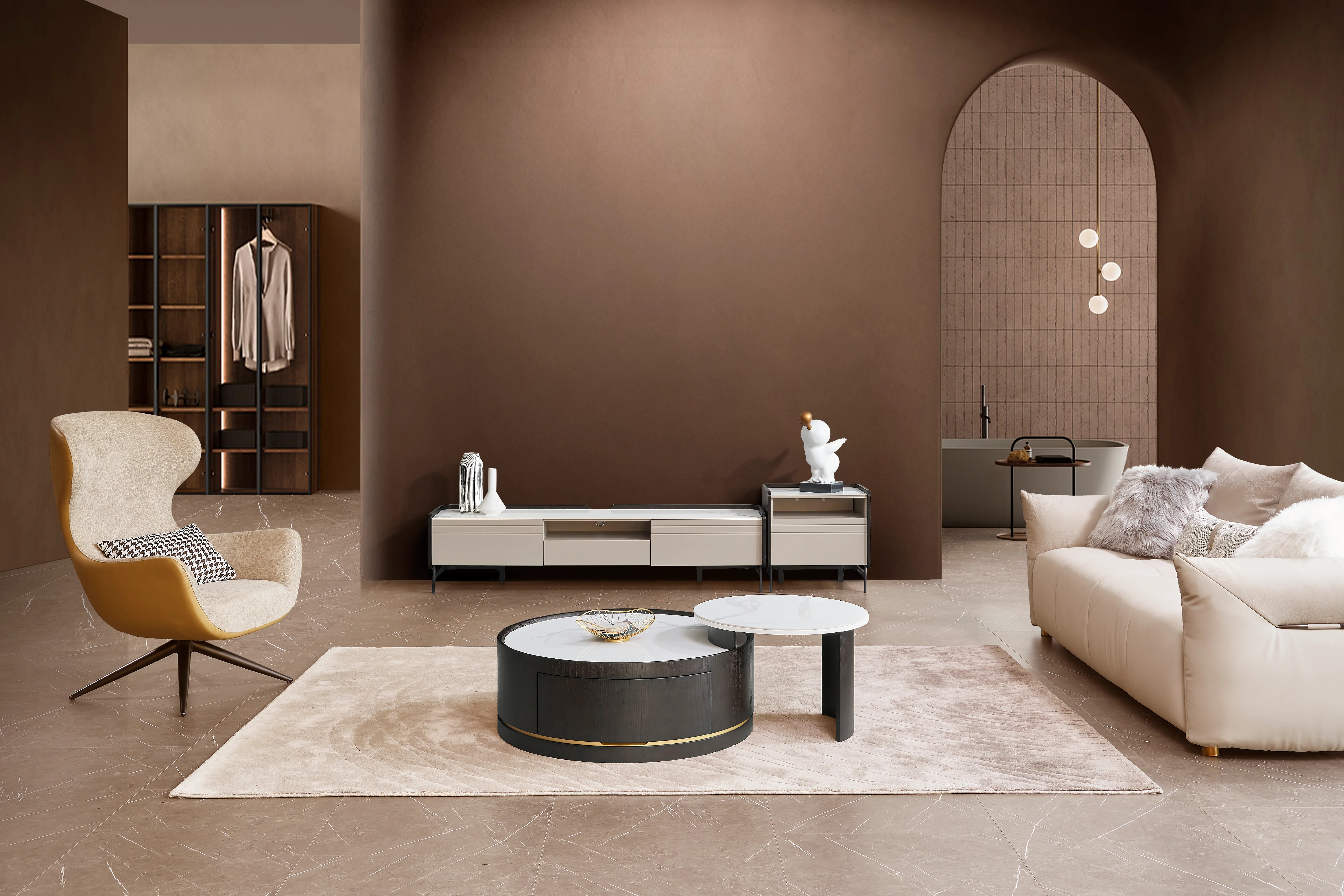 Macao Round Coffee Table with Drawers and White Spanish Ceramic Top - Image 3