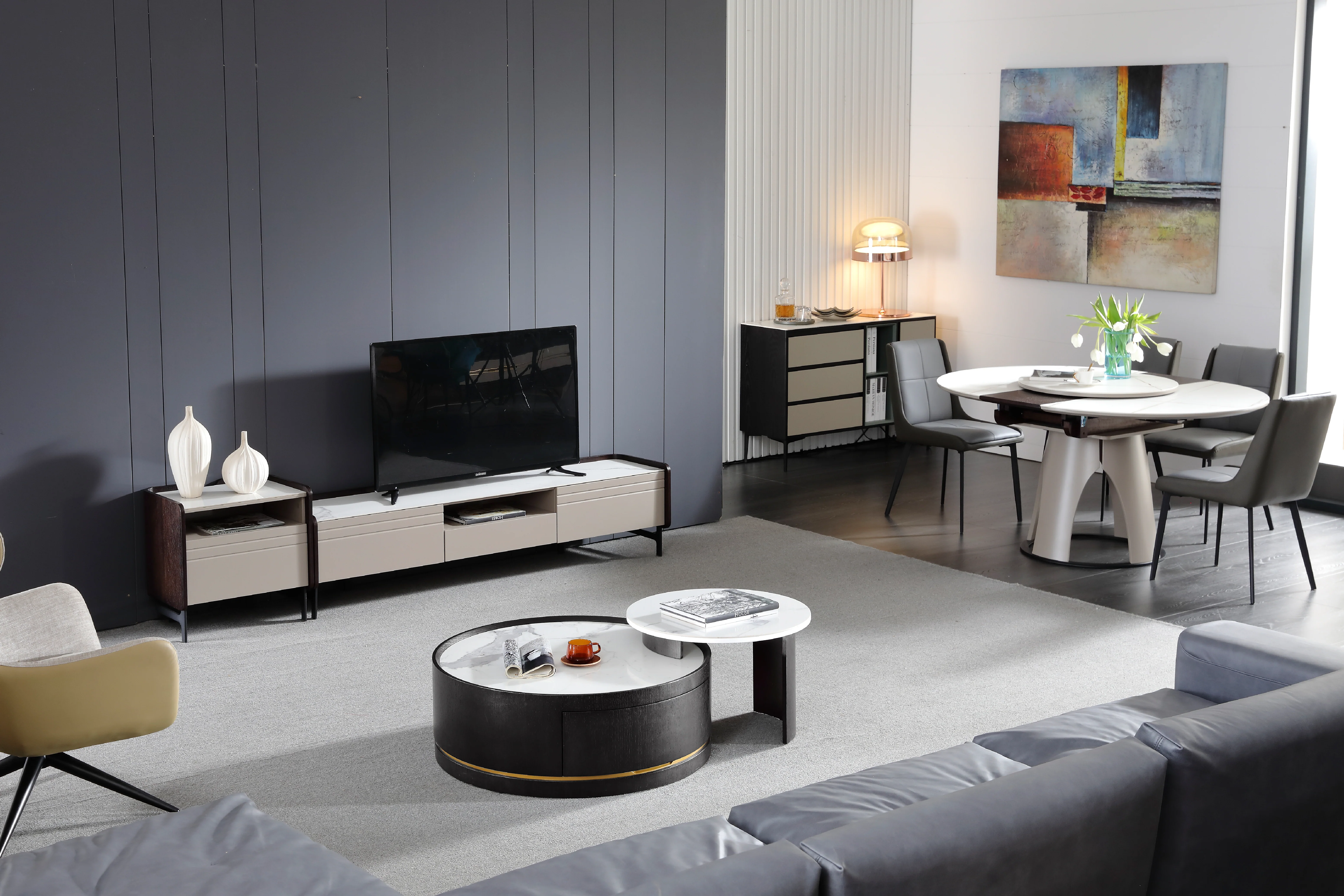 Macao Round Coffee Table with Drawers and White Spanish Ceramic Top - Image 4