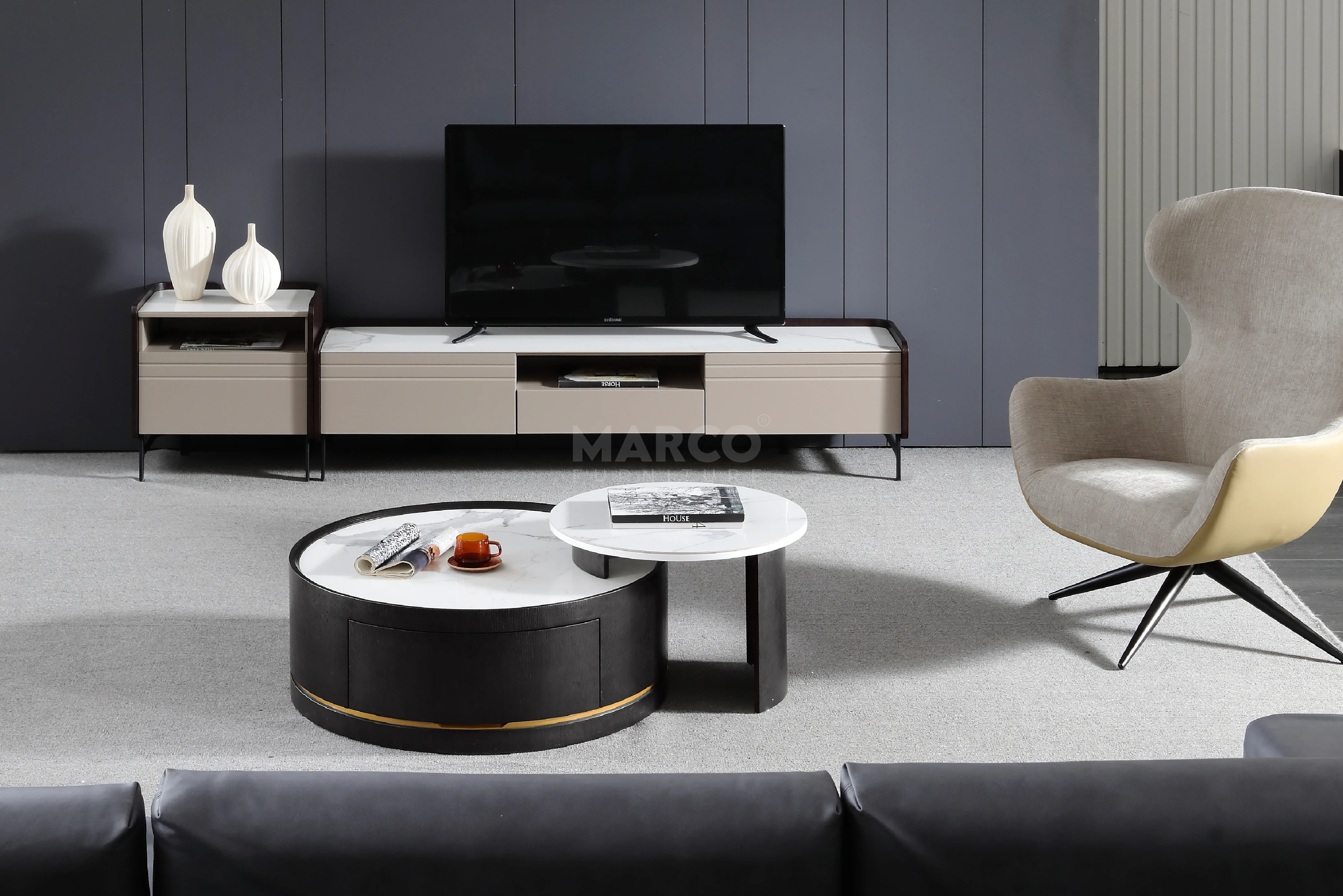 Macao Round Coffee Table with Drawers and White Spanish Ceramic Top - Image 5