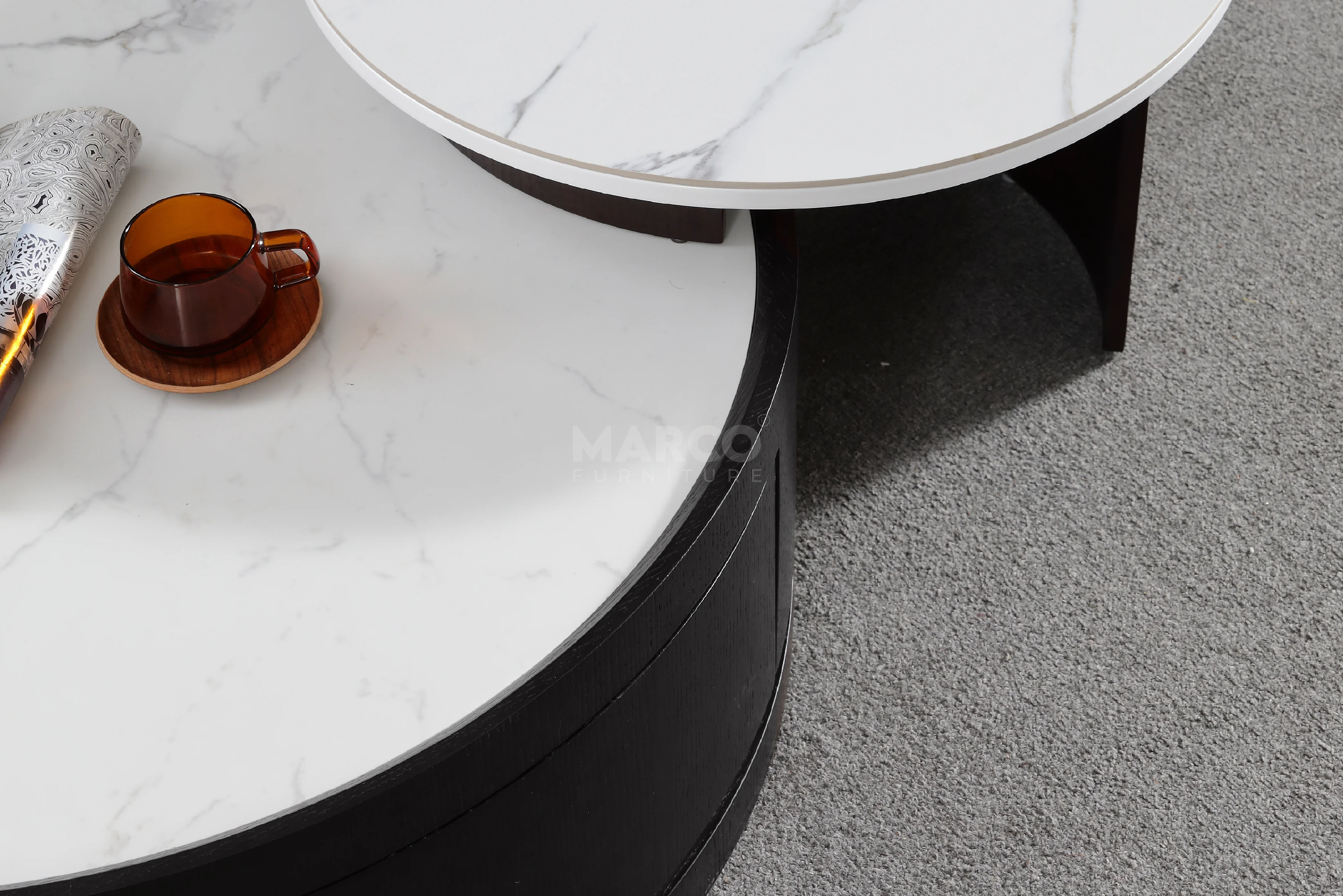 Macao Round Coffee Table with Drawers and White Spanish Ceramic Top - Image 7