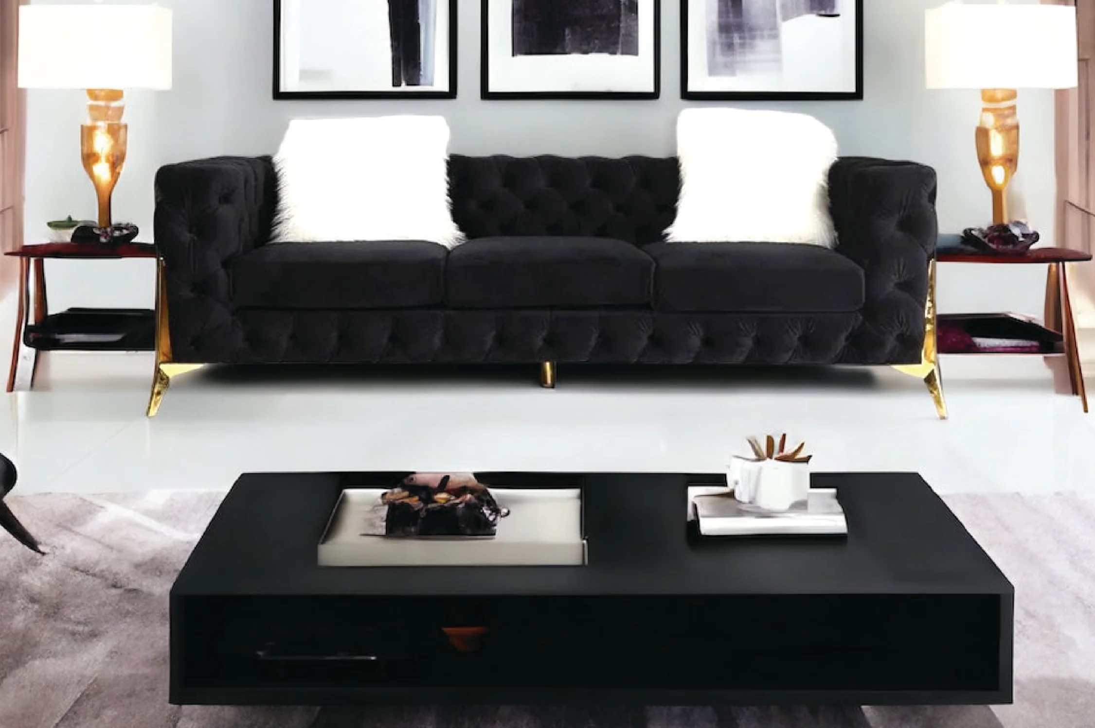 Marcus Velvet Chesterfield Sofa – Black Tufted Lounge with Gold Legs - Image 11