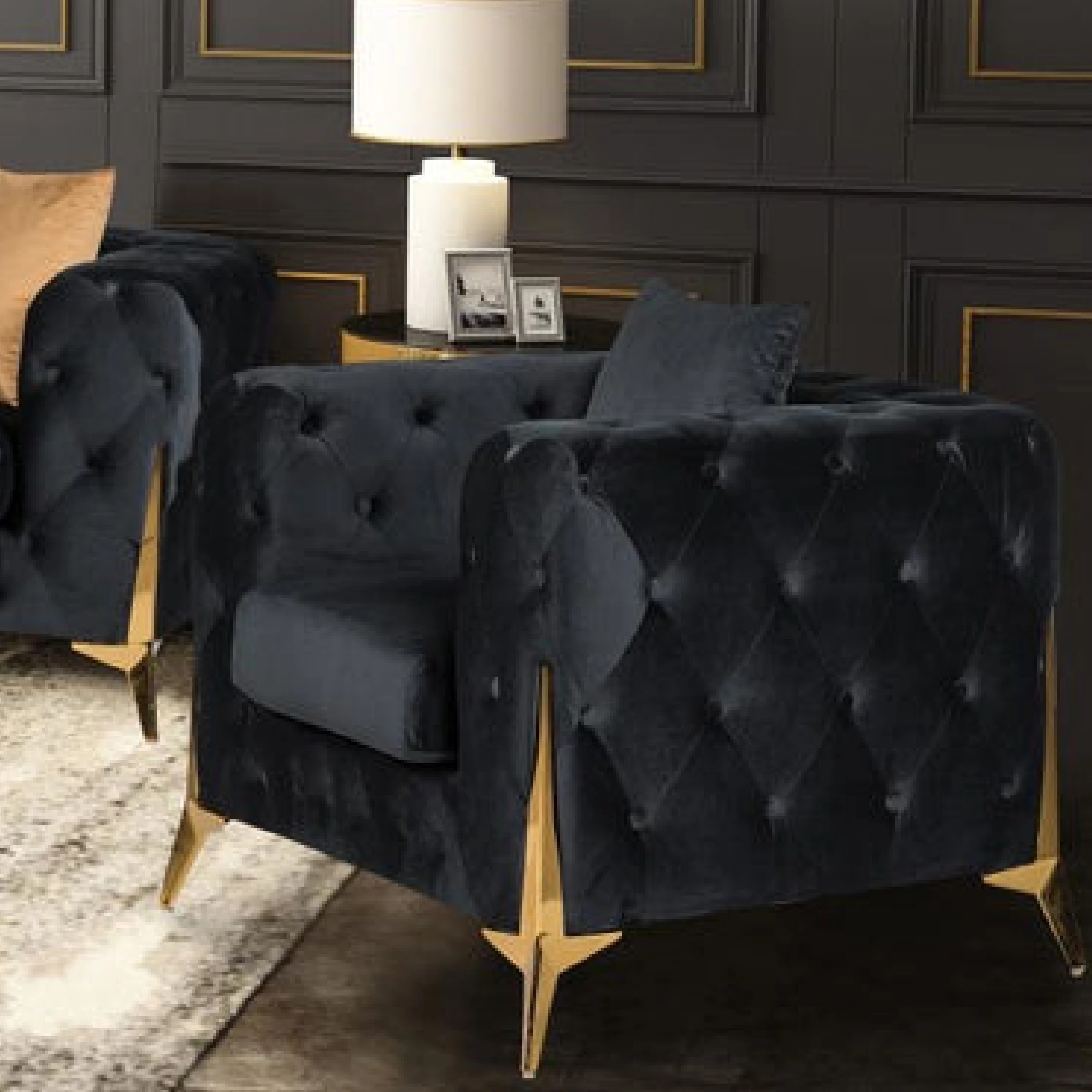 Marcus Velvet Chesterfield Sofa – Black Tufted Lounge with Gold Legs - Image 12