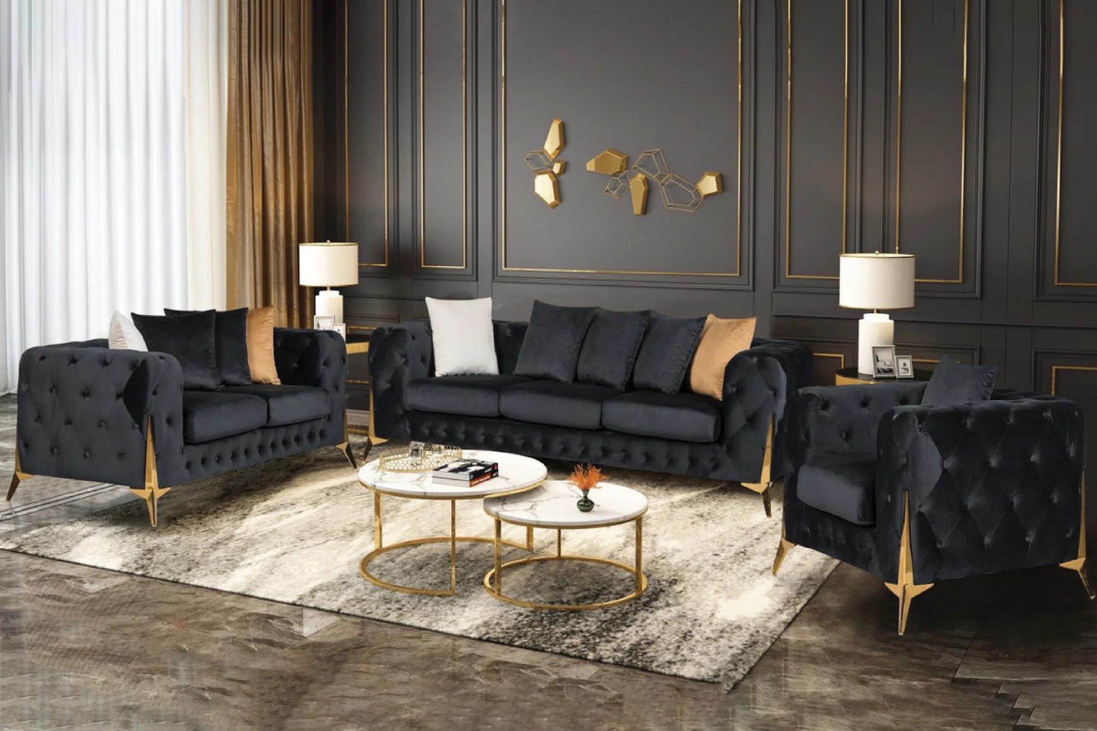 Marcus Velvet Chesterfield Sofa – Black Tufted Lounge with Gold Legs - Image 9