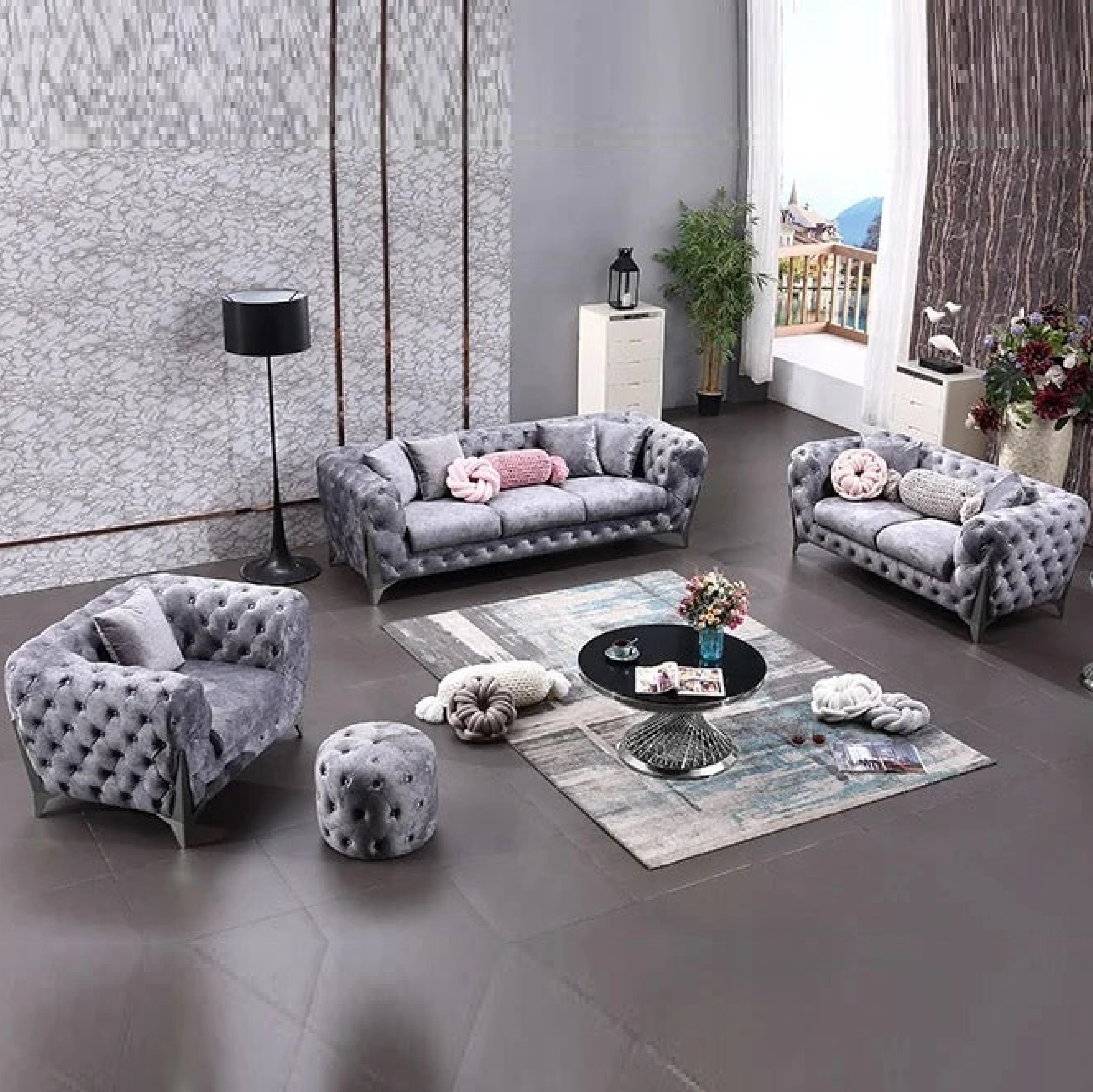 Marcus Velvet Chesterfield Sofa – Grey Tufted Lounge with Silver Legs - Image 3