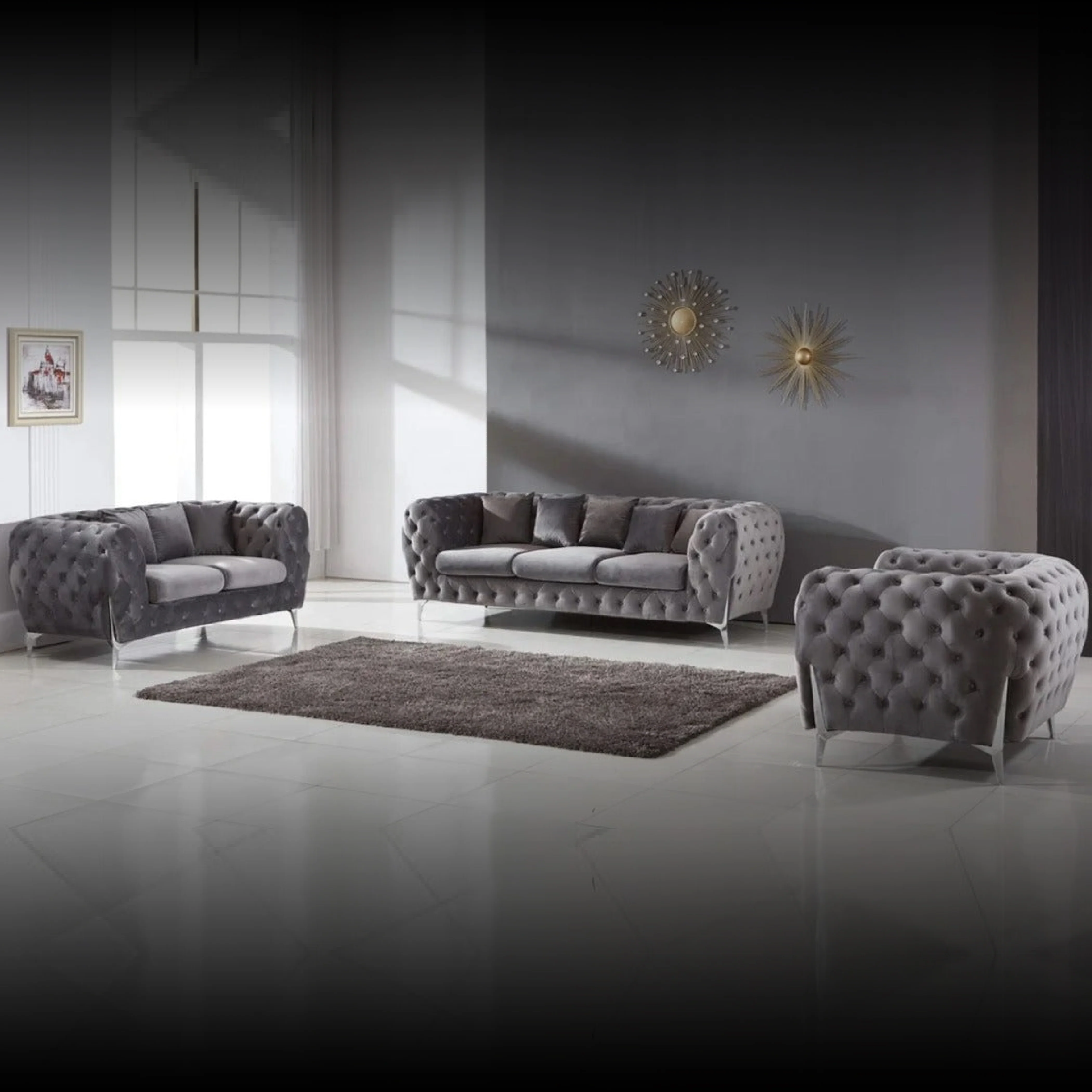 Marcus Velvet Chesterfield Sofa – Grey Tufted Lounge with Silver Legs - Image 4