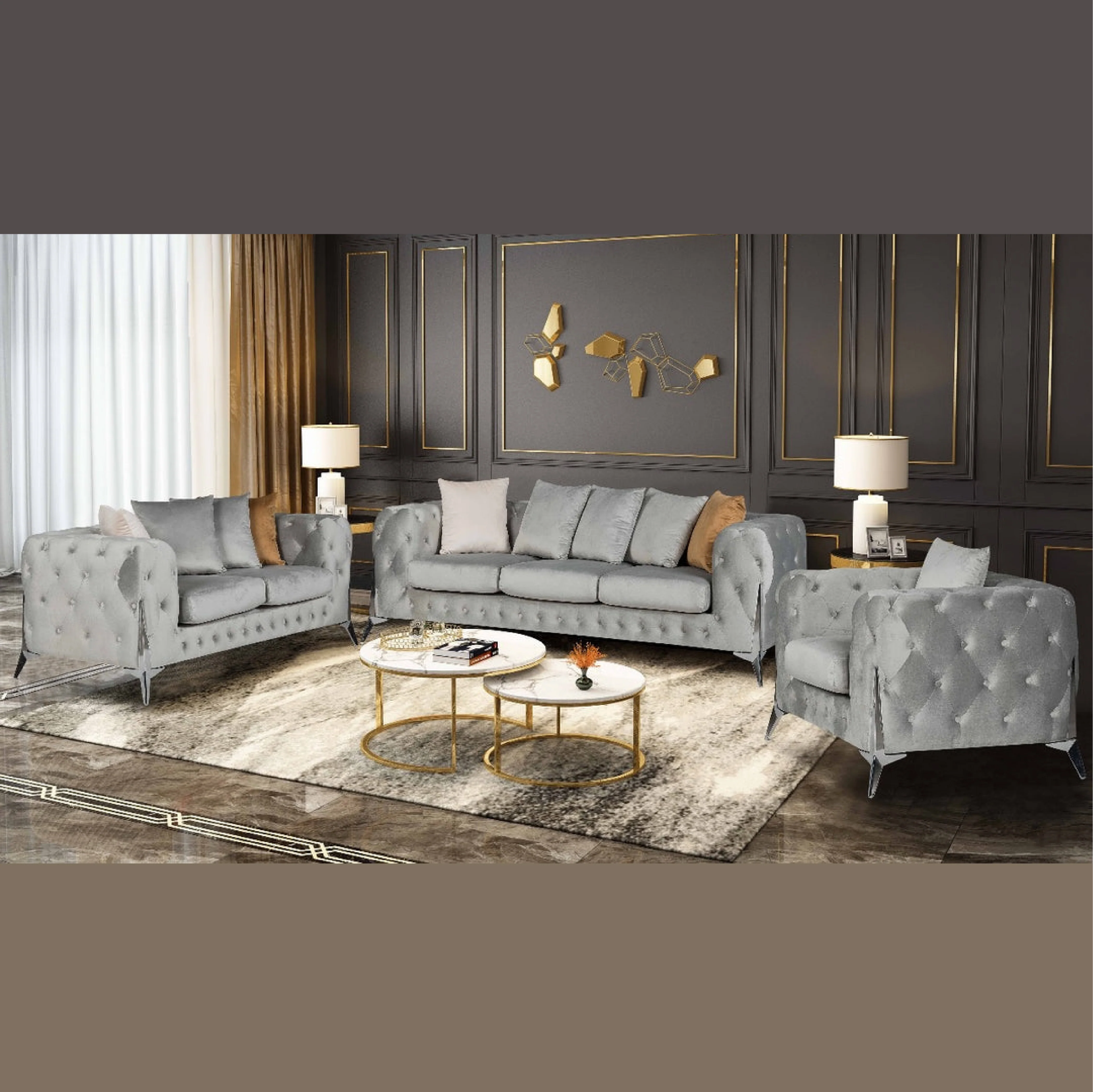 Marcus Velvet Chesterfield Sofa – Grey Tufted Lounge with Silver Legs - Image 5