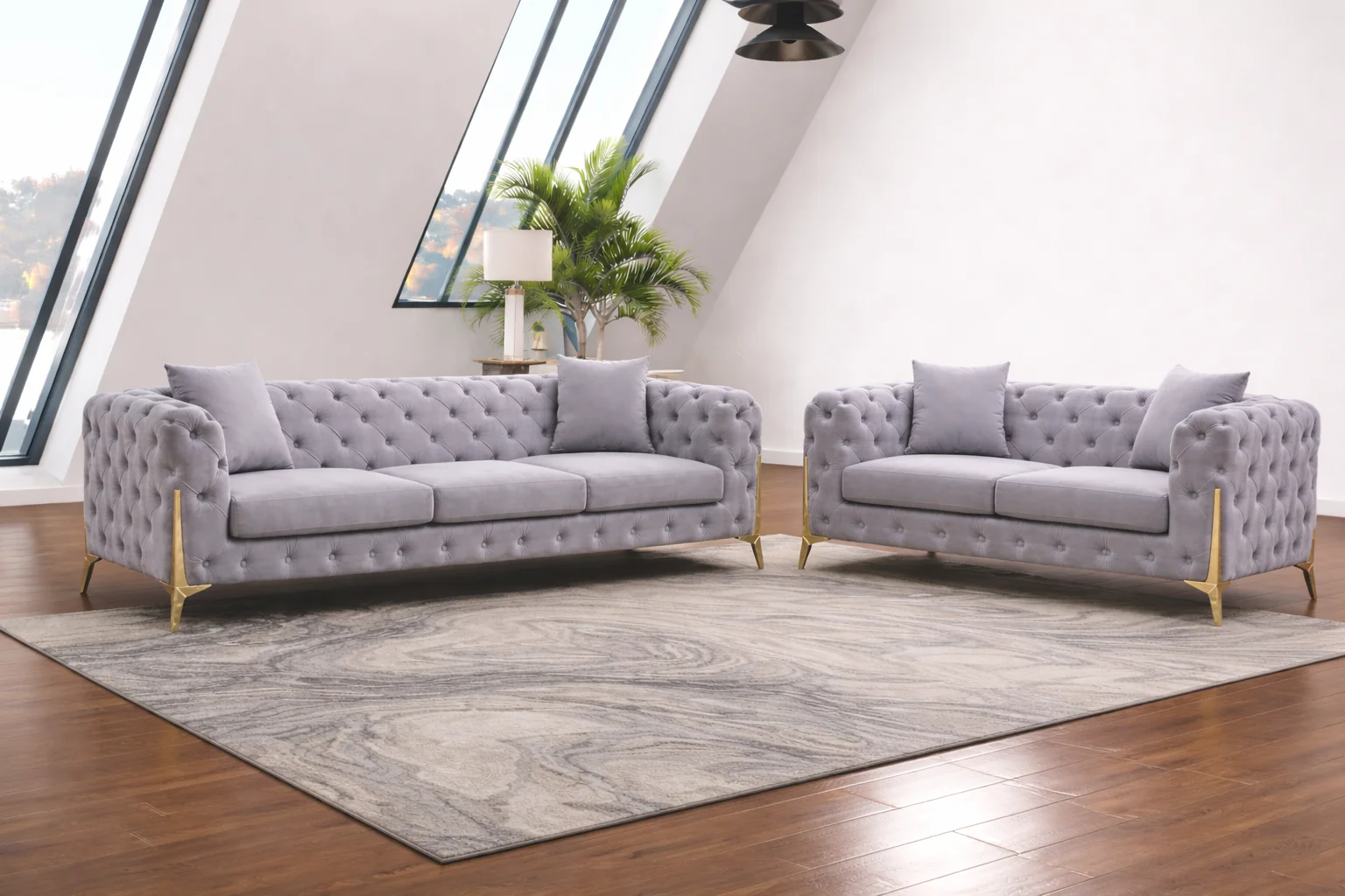 Marcus Velvet Chesterfield Sofa – Grey Tufted Lounge with Silver Legs - Image 6