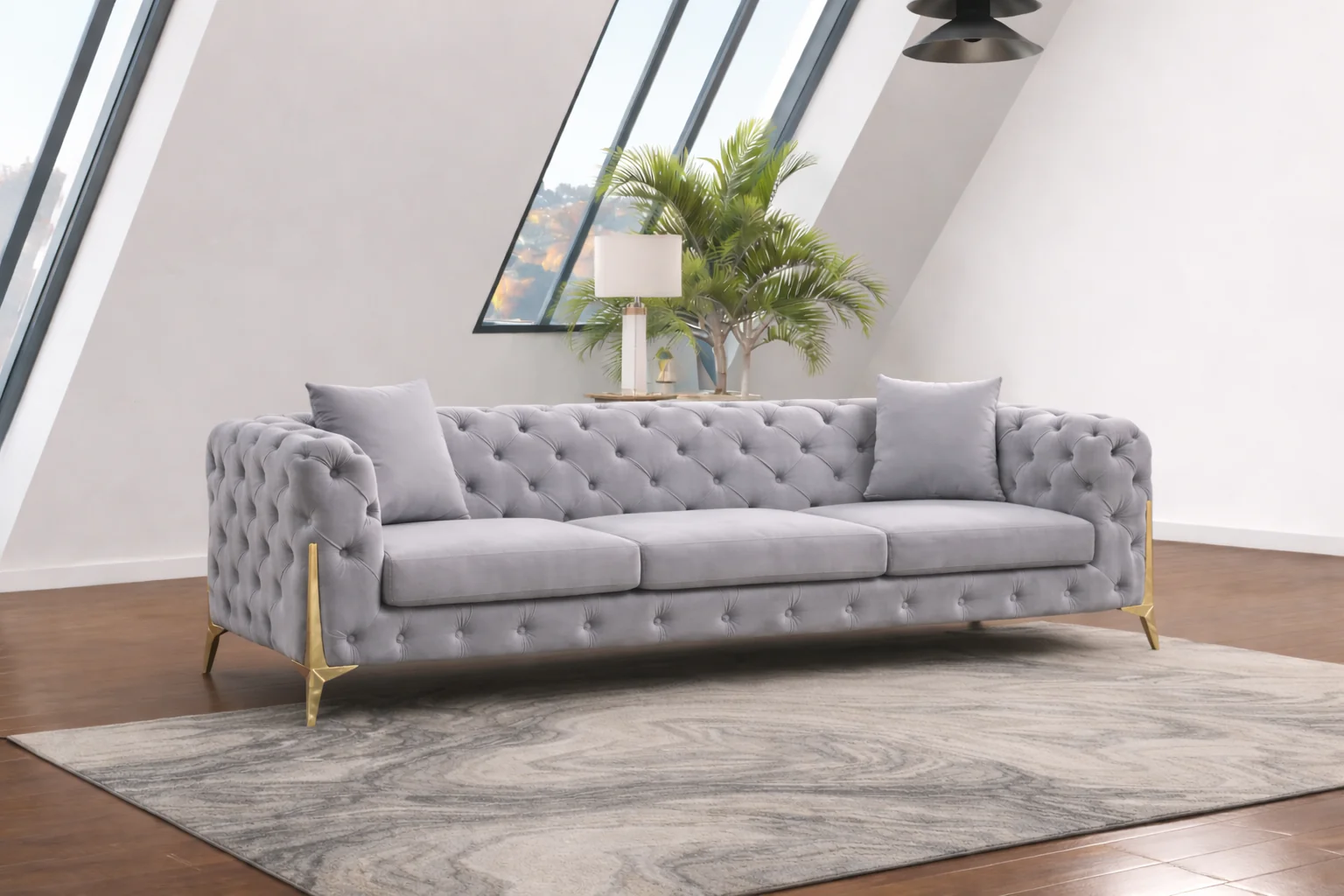 Marcus Velvet Chesterfield Sofa – Grey Tufted Lounge with Silver Legs - Image 7