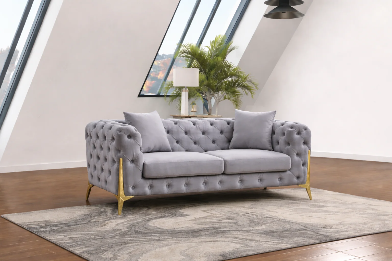 Marcus Velvet Chesterfield Sofa – Grey Tufted Lounge with Silver Legs - Image 8