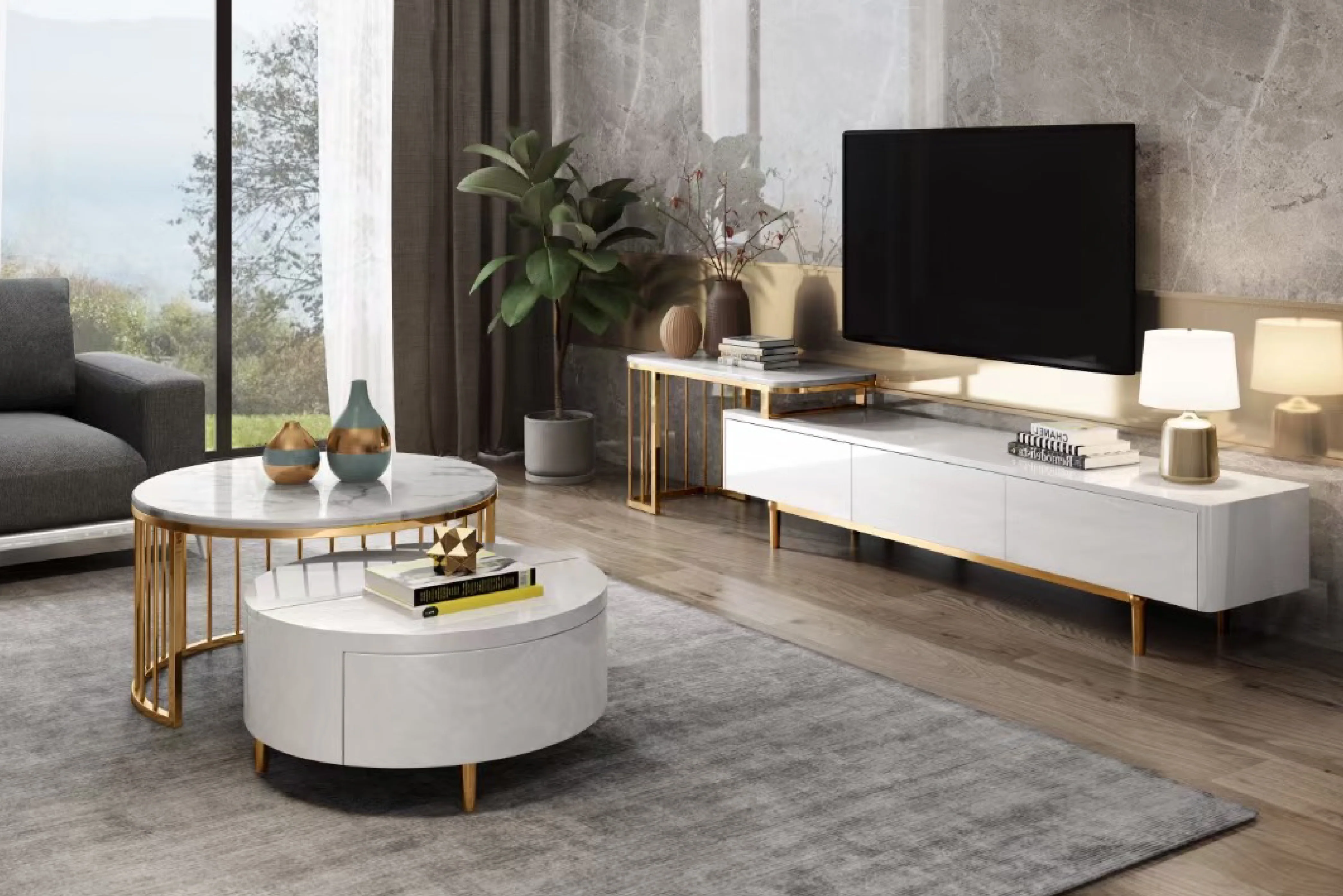 Milan Round Modern Coffee Table Set with Marble Top and Gold Legs - Image 3