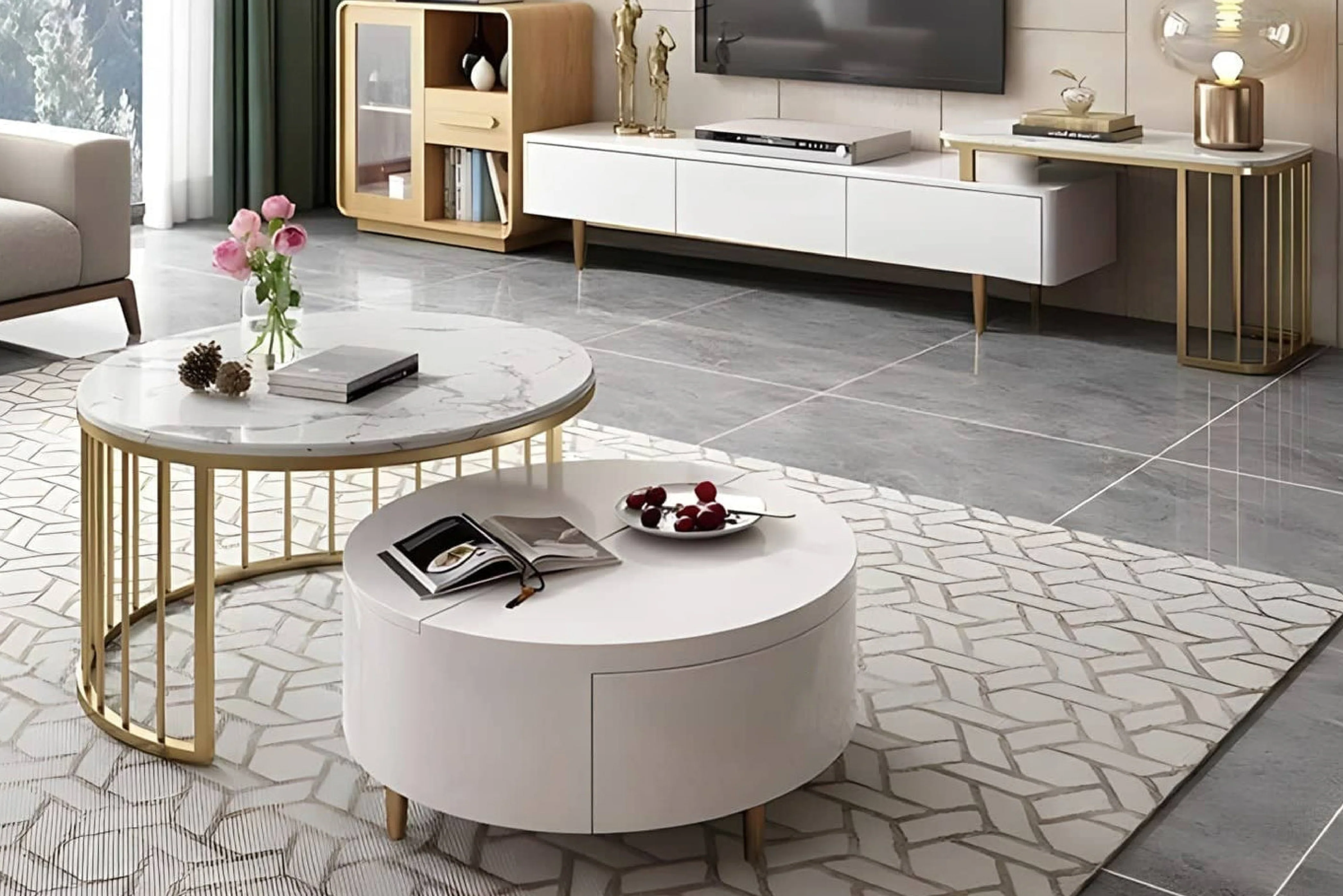 Milan Round Modern Coffee Table Set with Marble Top and Gold Legs - Image 4