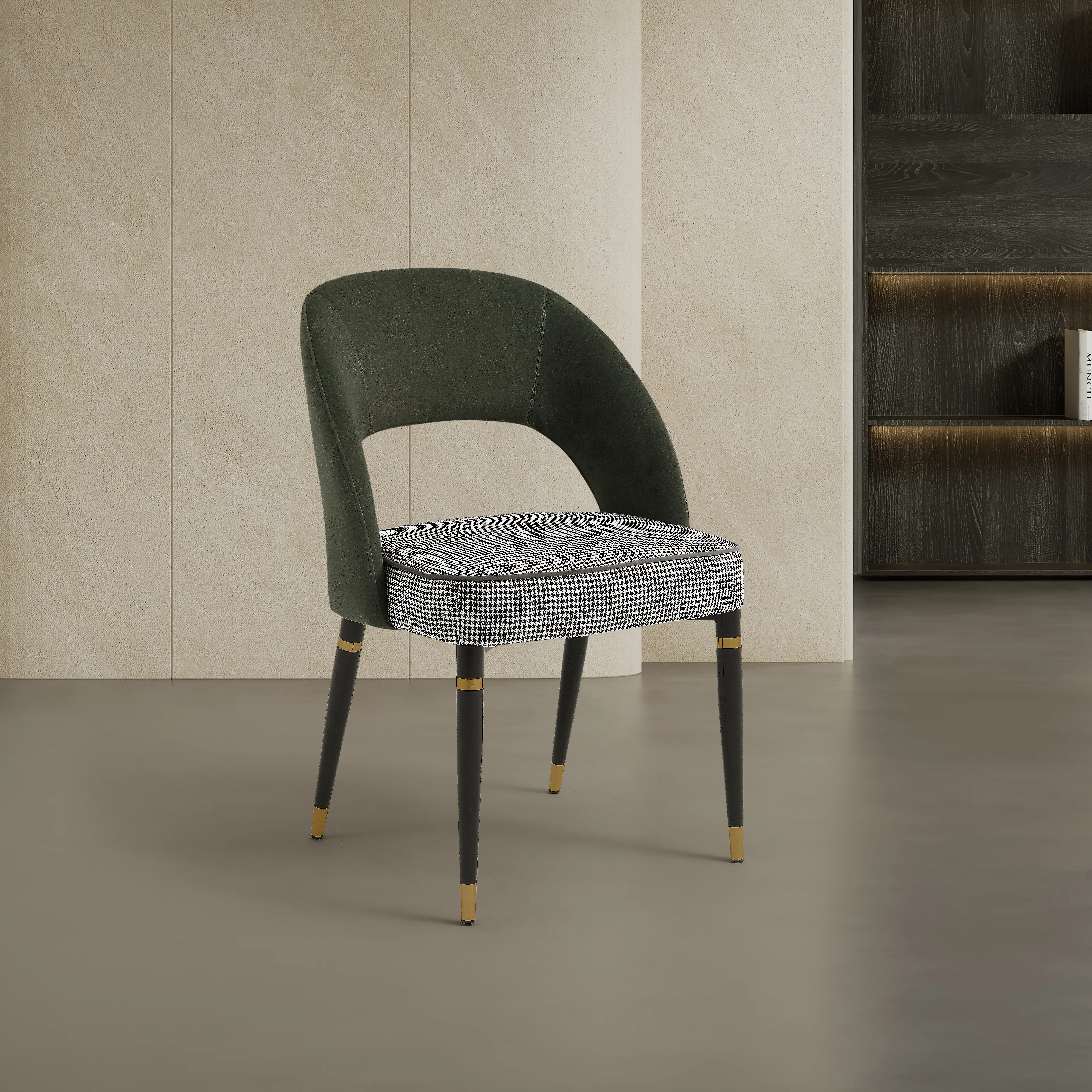 Milan Emerald Green Velvet Dining Chair with Houndstooth Seat - Image 3