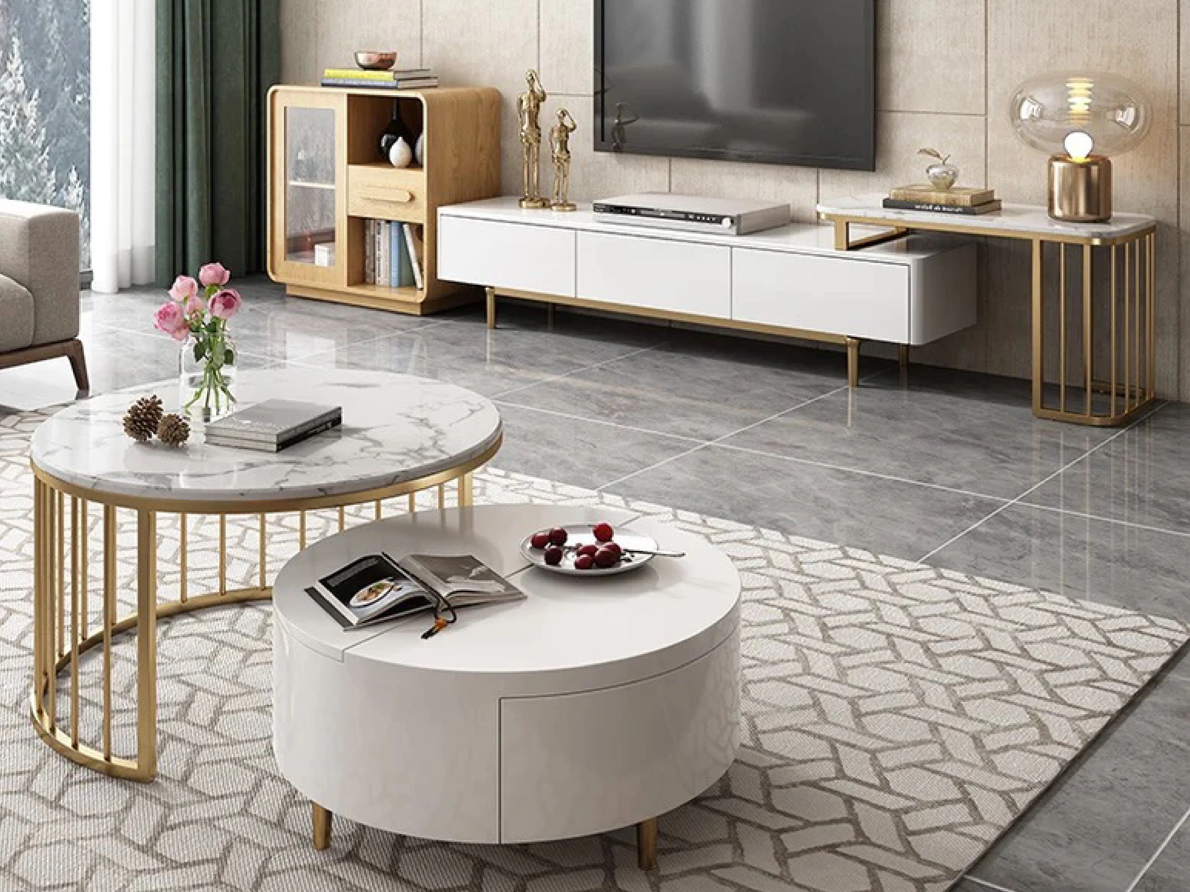 Milan Extendable TV Unit with Marble Extension and Stainless Steel Legs - Image 3