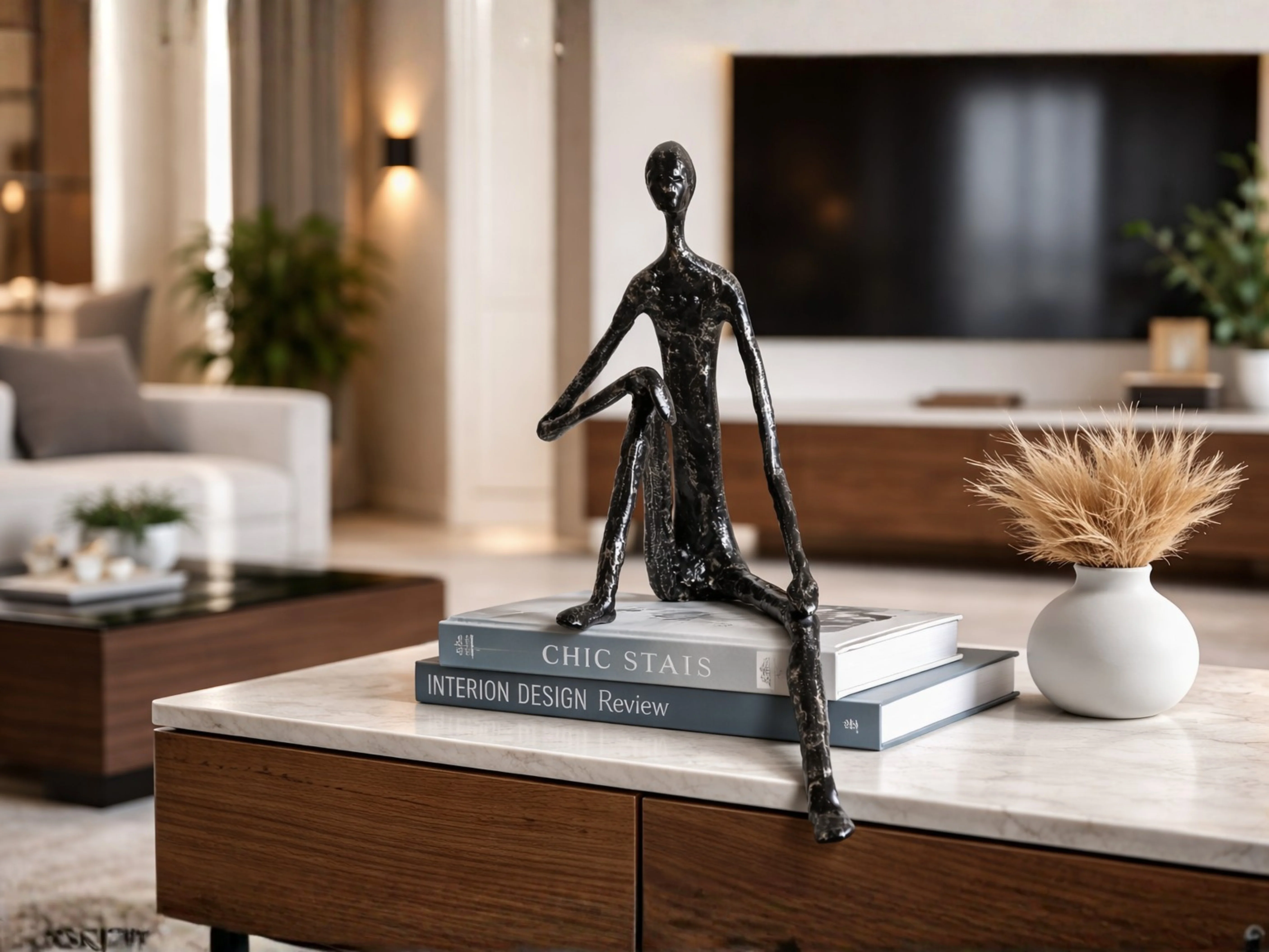 Minimalist Nordic Sitting Figurine – Black & Gold Metal