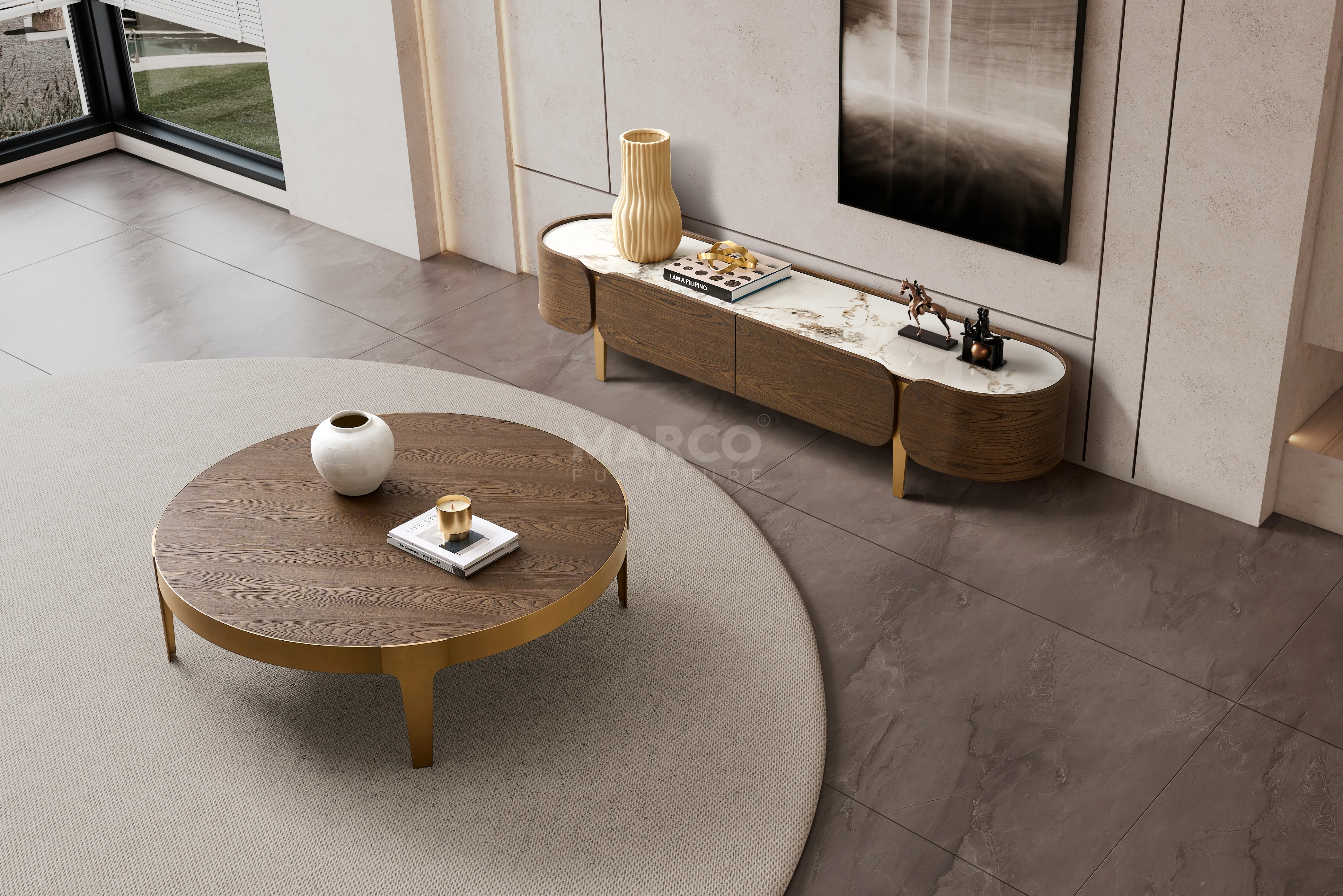 Mont Blanc Ash Veneer Round Coffee Table - Stainless Steel Legs - Image 2