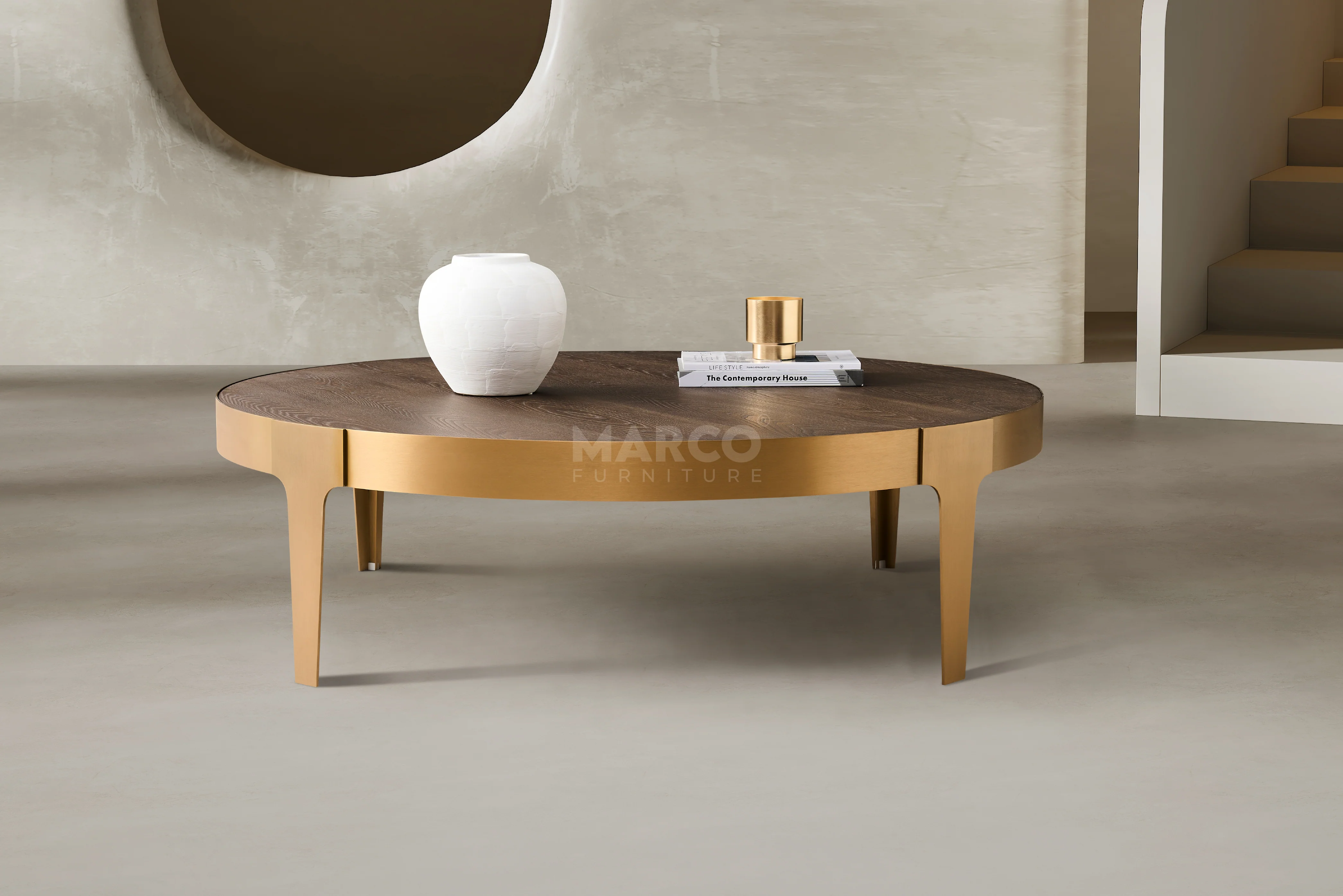 Mont Blanc Ash Veneer Round Coffee Table - Stainless Steel Legs - Image 4