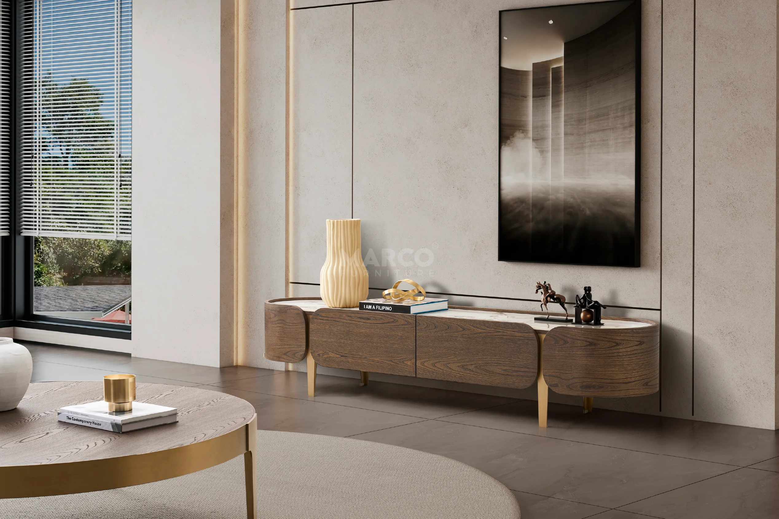 Mont Blanc Pandora Sintered Stone Top TV Unit - Gold Stainless Steel Legs - Image 3
