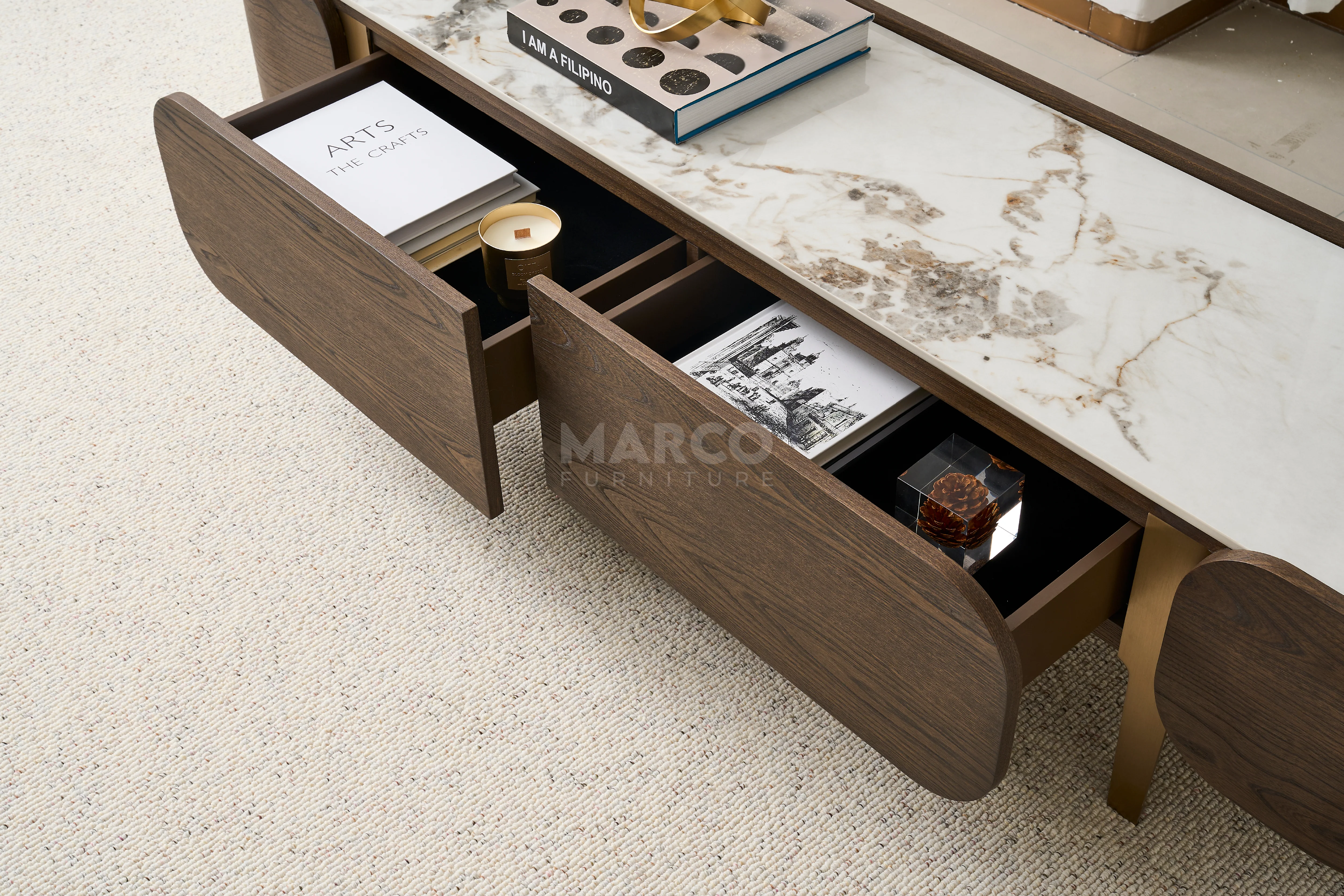 Mont Blanc Pandora Sintered Stone Top TV Unit - Gold Stainless Steel Legs - Image 8
