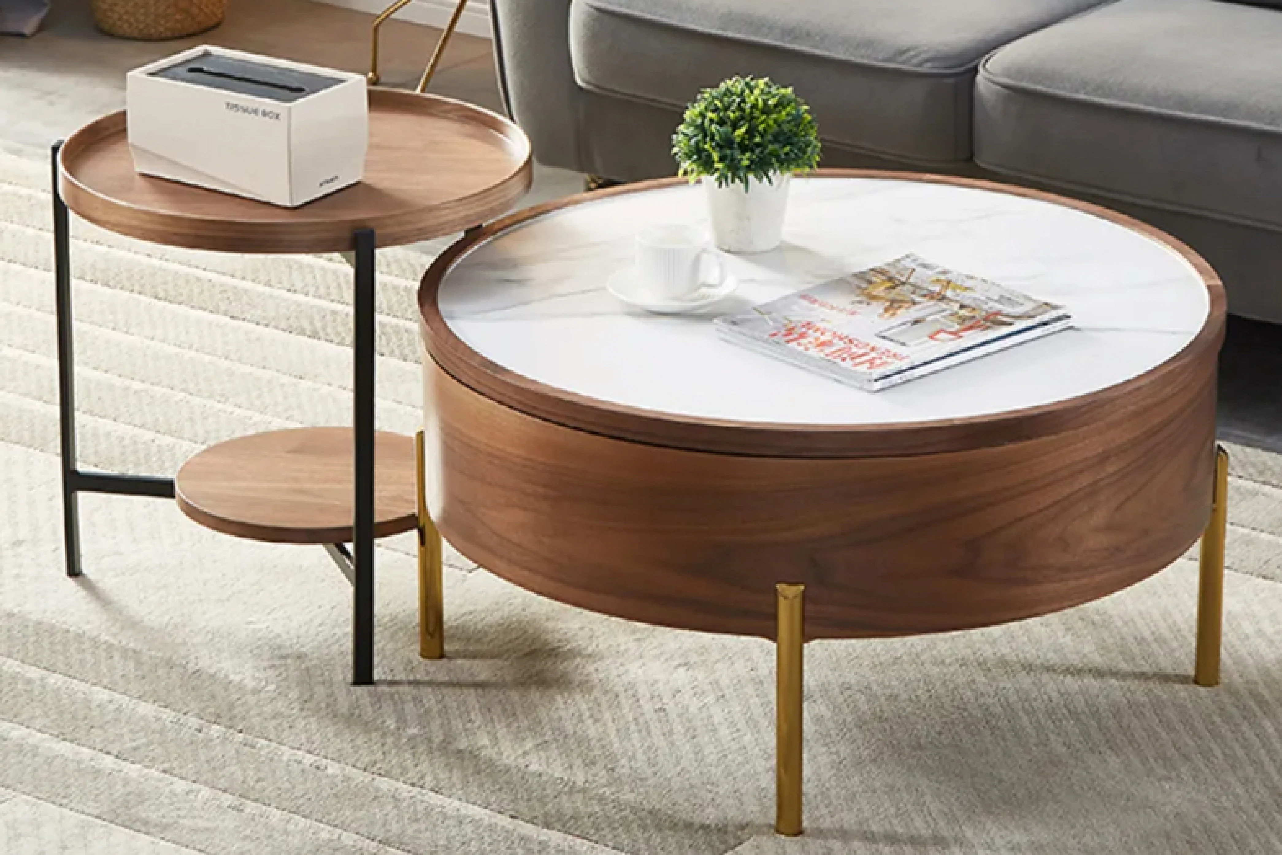 Moon Extendable Coffee Table with Storage and Sliding Top in White Ceramic - Image 3