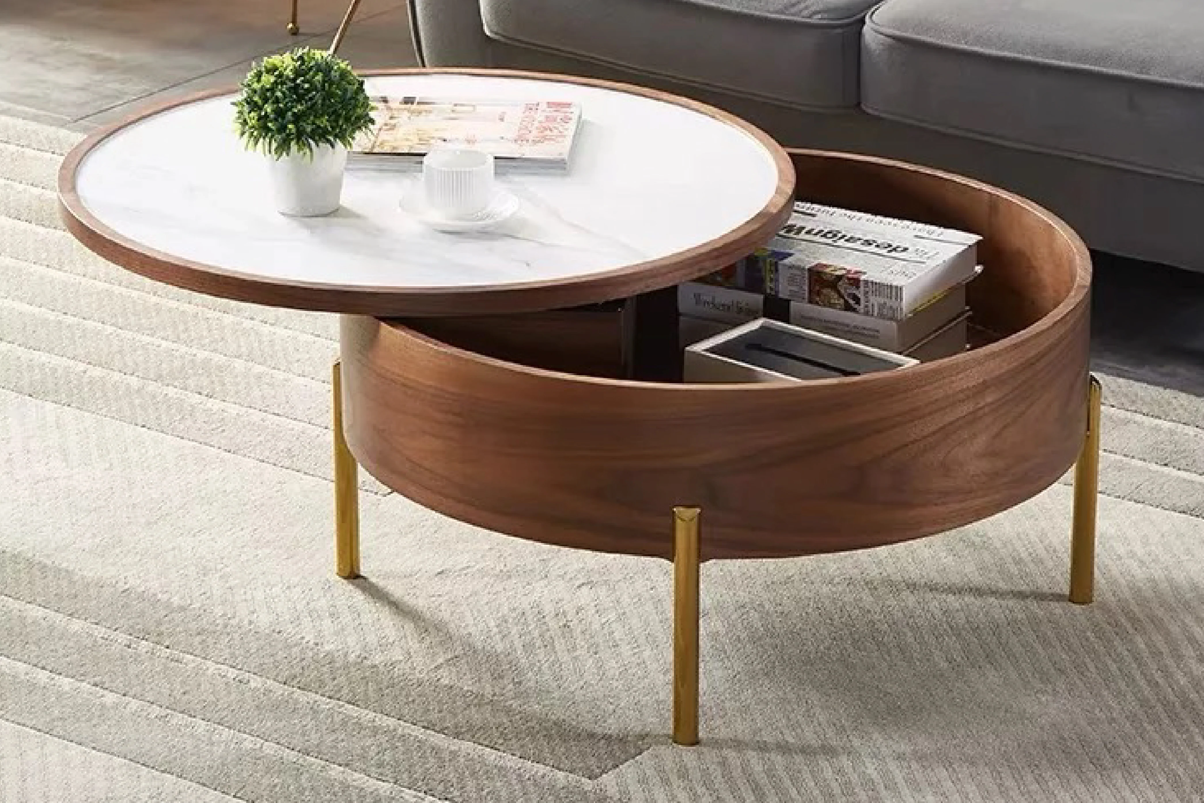 Moon Extendable Coffee Table with Storage and Sliding Top in White Ceramic - Image 4