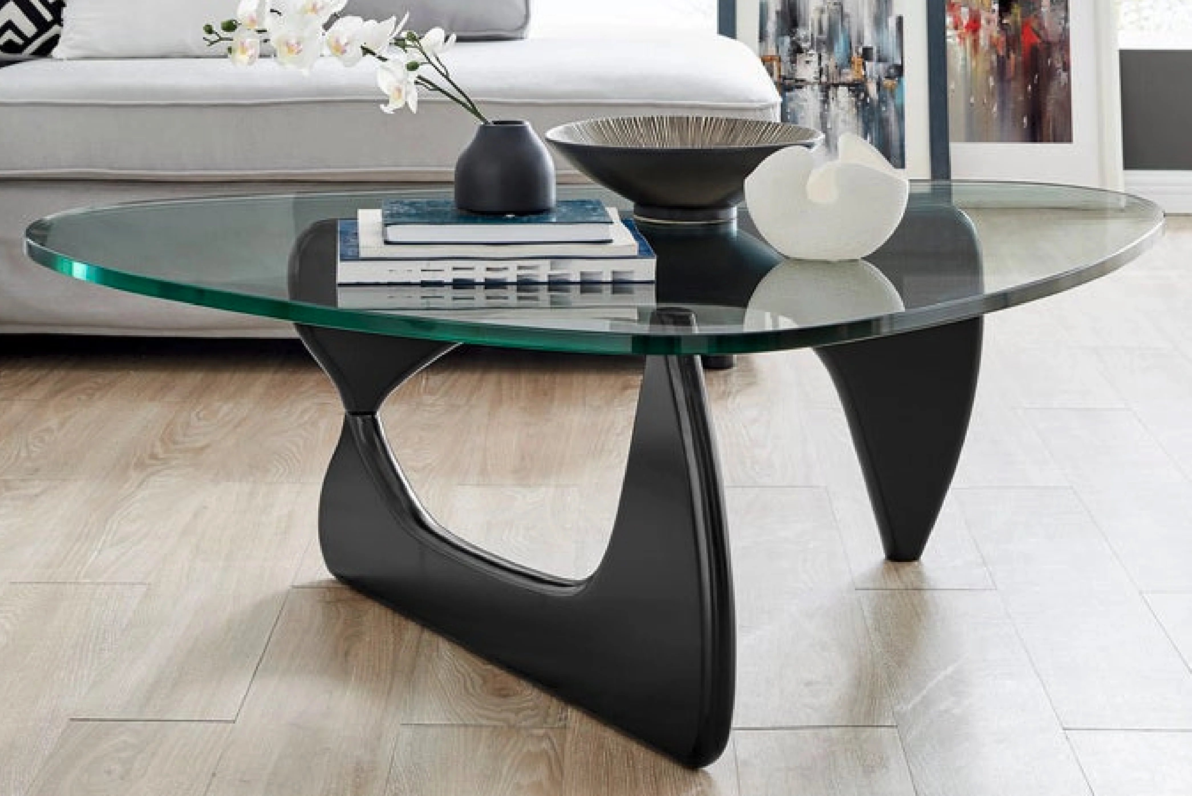 Noguchi Coffee Table with 15mm Tempered Glass Top and Ash Wood Legs in Black - Image 3