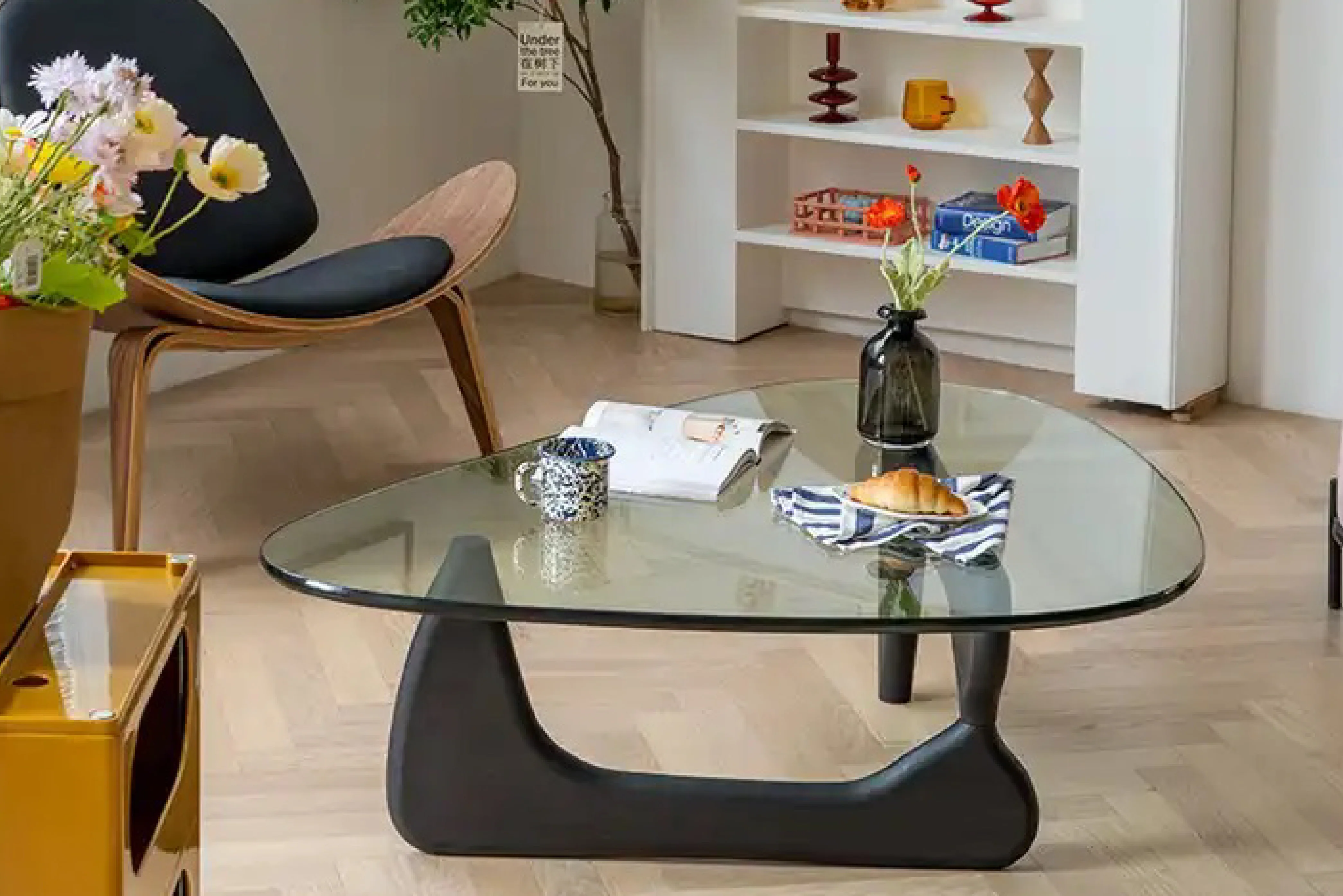 Noguchi Coffee Table with 15mm Tempered Glass Top and Ash Wood Legs in Black - Image 4