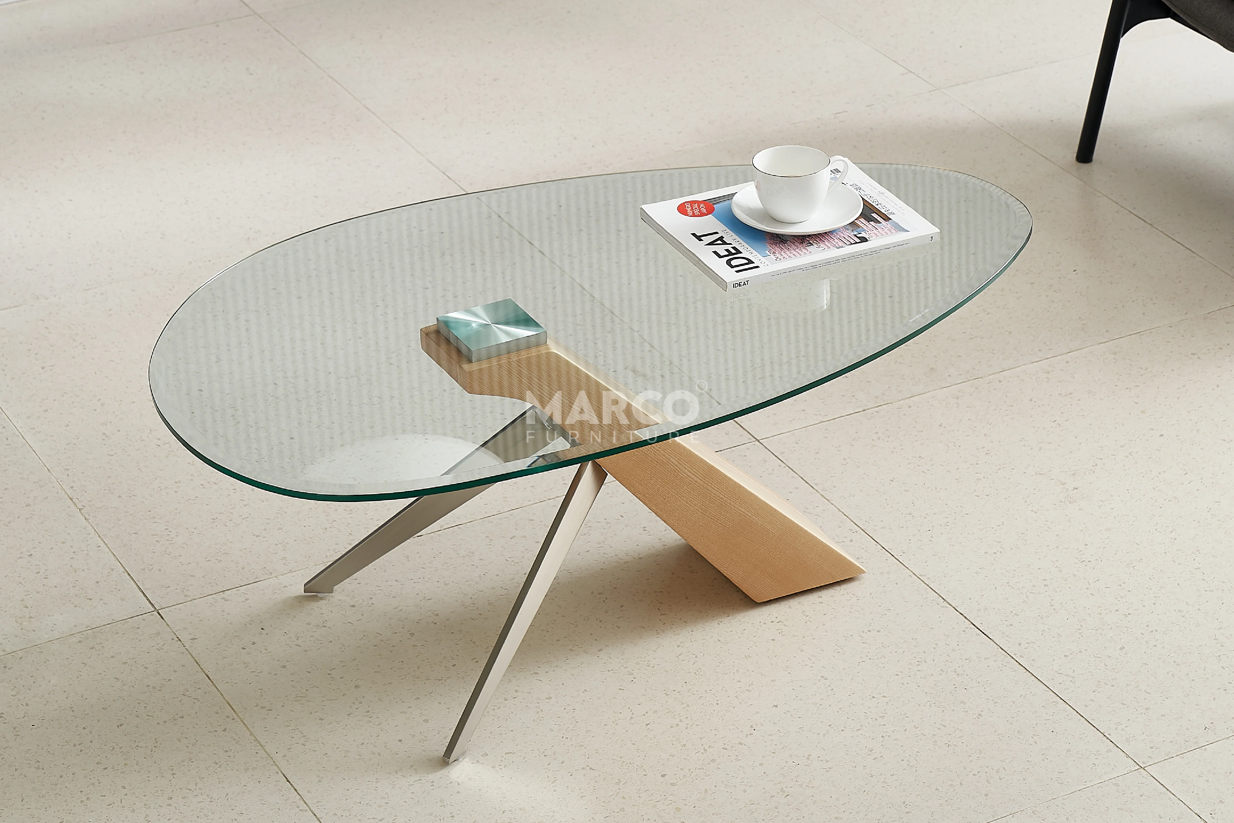 Arco Glass Coffee Table with Ash Wood Base and 12mm Tempered Glass Top - Image 2